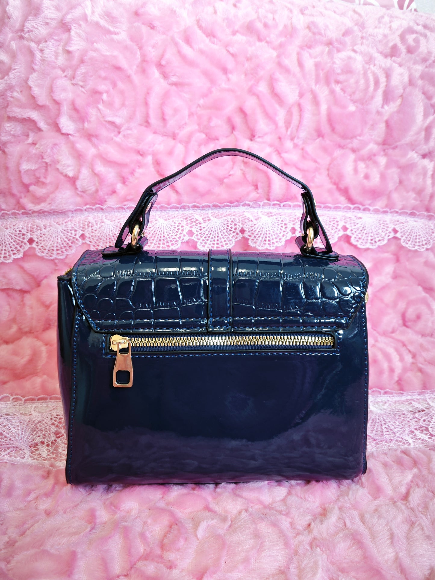 Navy Patent Crocodile-Print Handbag with Metal Lock