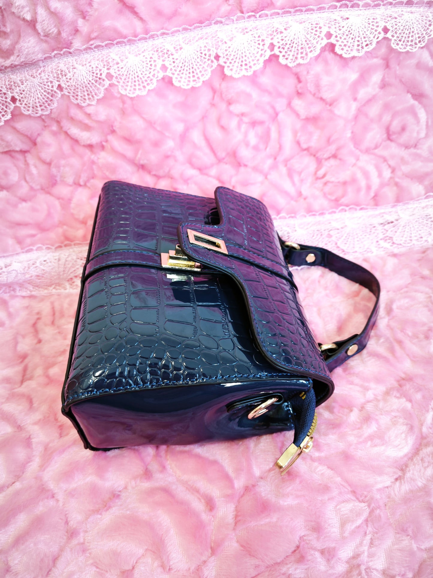 Navy Patent Crocodile-Print Handbag with Metal Lock