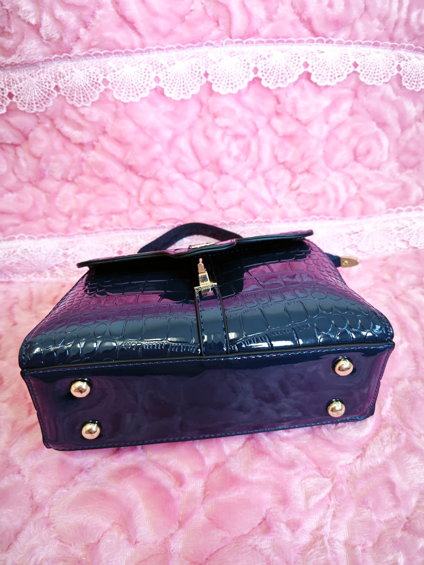 Navy Patent Crocodile-Print Handbag with Metal Lock