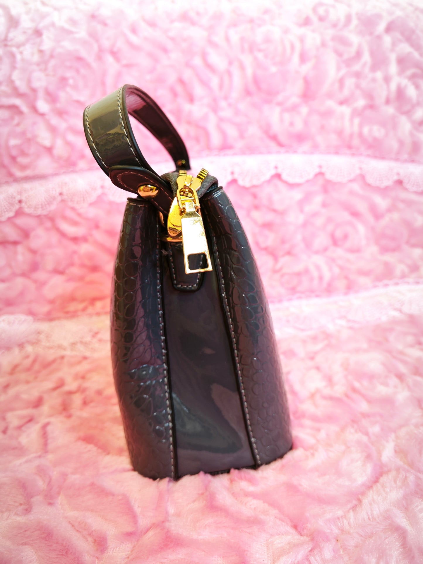 Smoky Gray Gradient Patent Crocodile-Print Flap Handbag