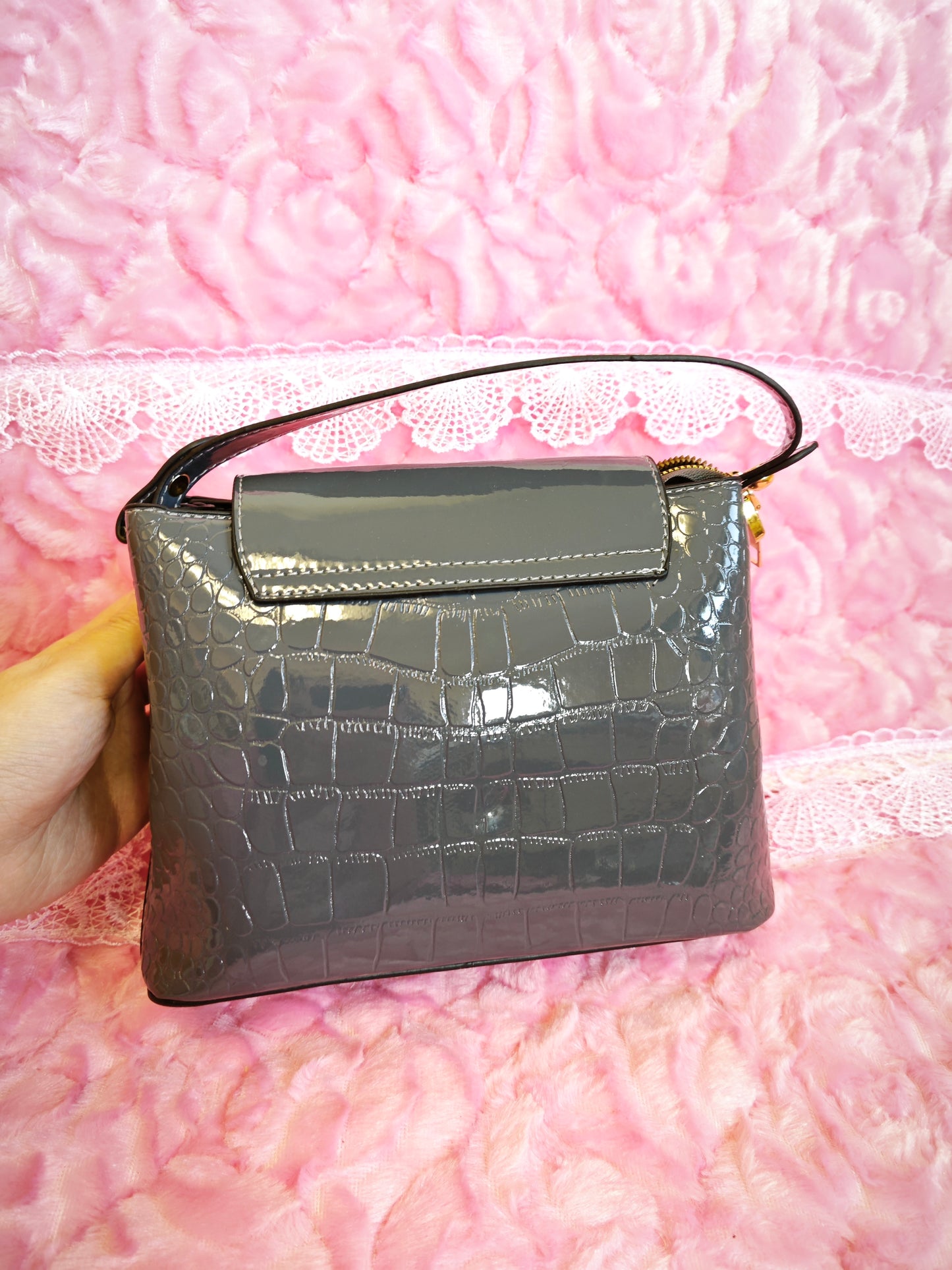 Smoky Gray Gradient Patent Crocodile-Print Flap Handbag