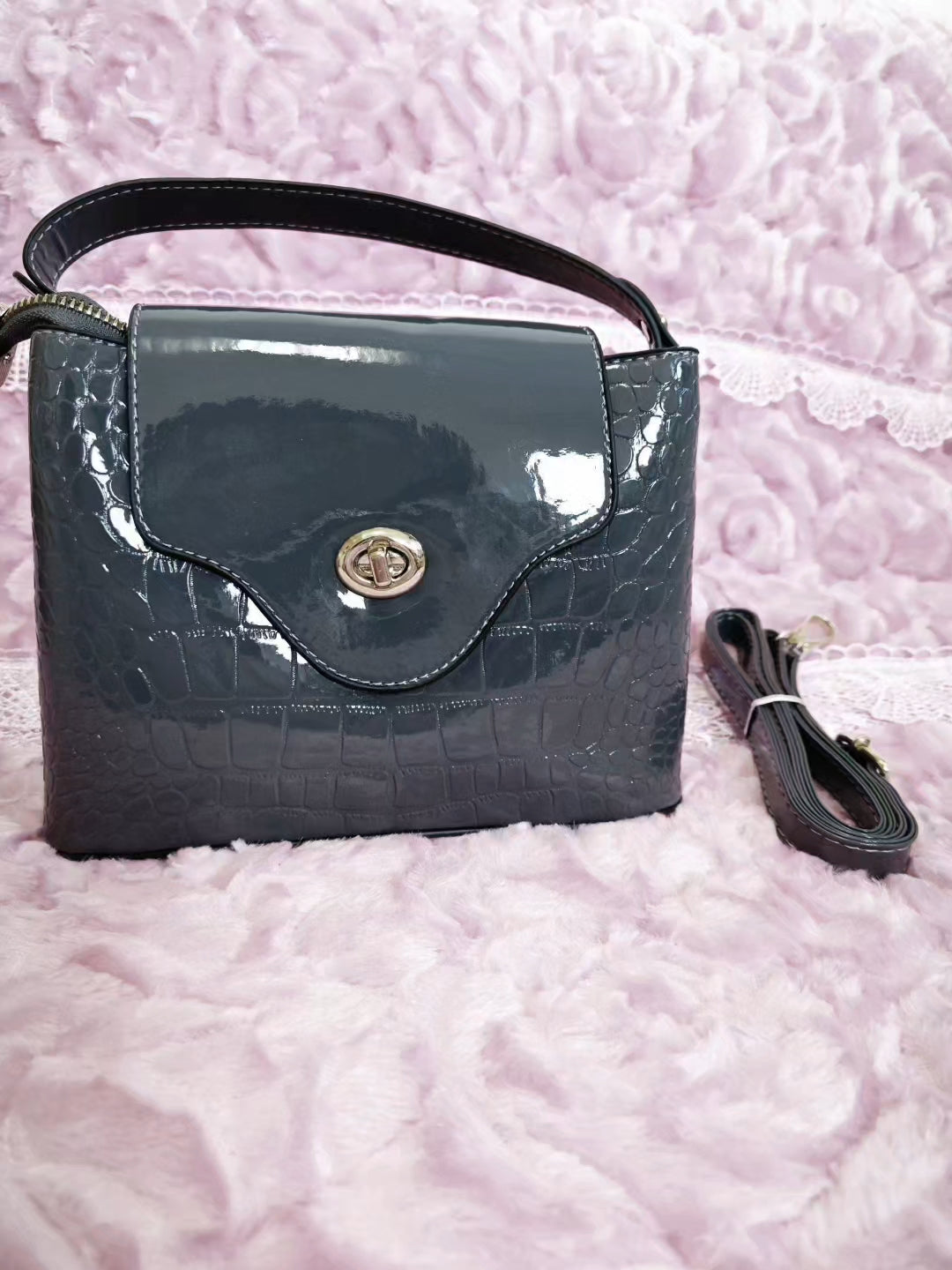 Smoky Gray Gradient Patent Crocodile-Print Flap Handbag