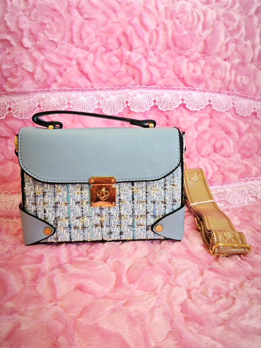 Light Blue & Tweed Handbag with Metal Lock & Wide Strap