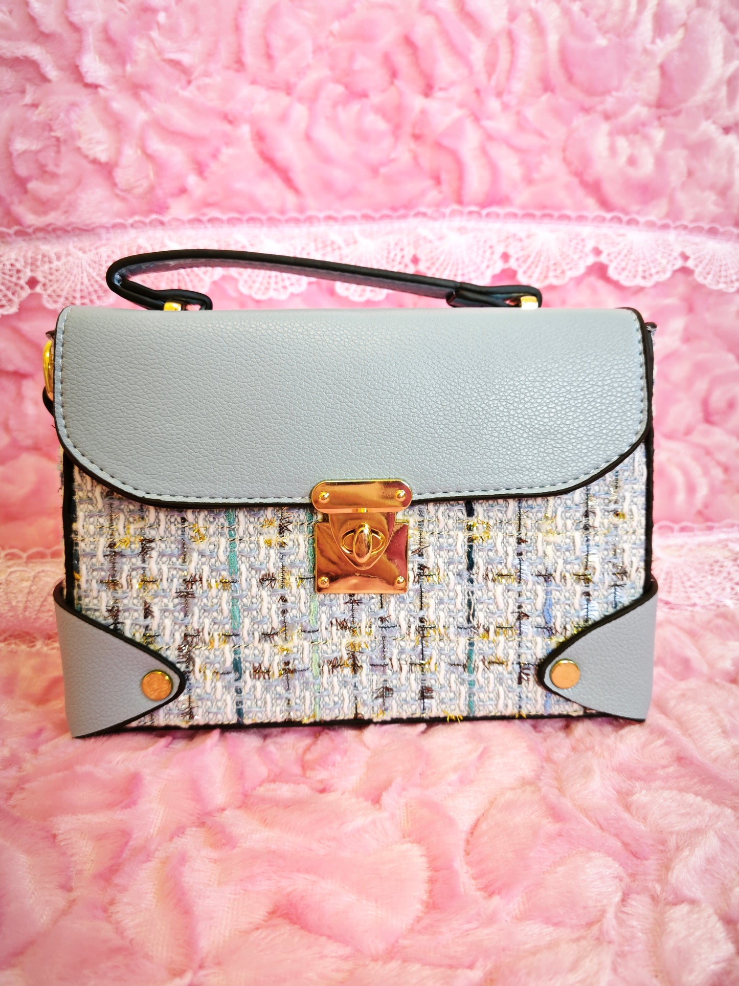 Light Blue & Tweed Handbag with Metal Lock & Wide Strap