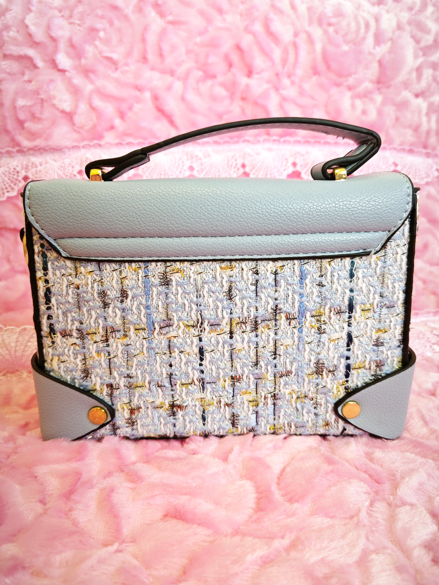 Light Blue & Tweed Handbag with Metal Lock & Wide Strap
