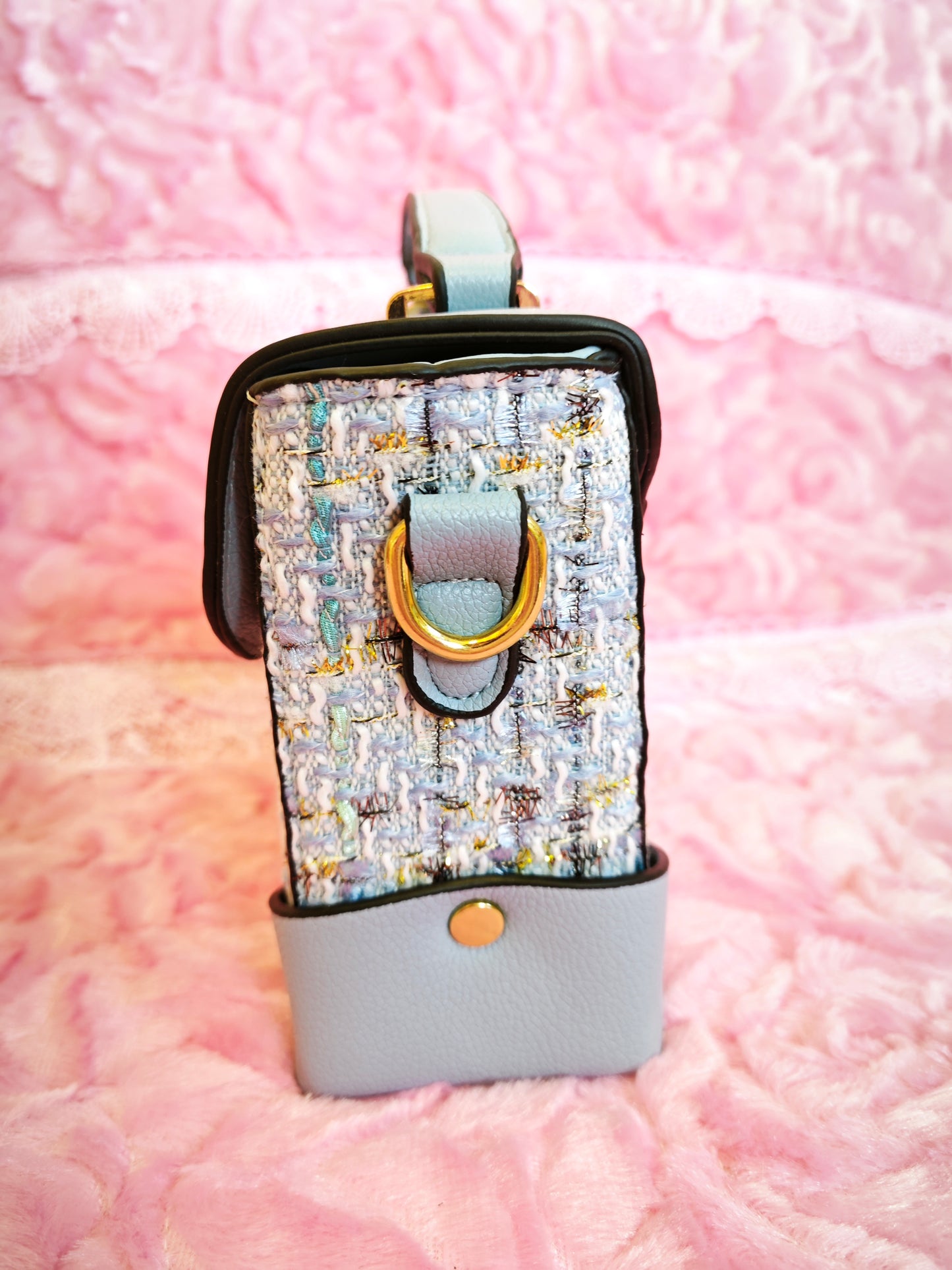 Light Blue & Tweed Handbag with Metal Lock & Wide Strap