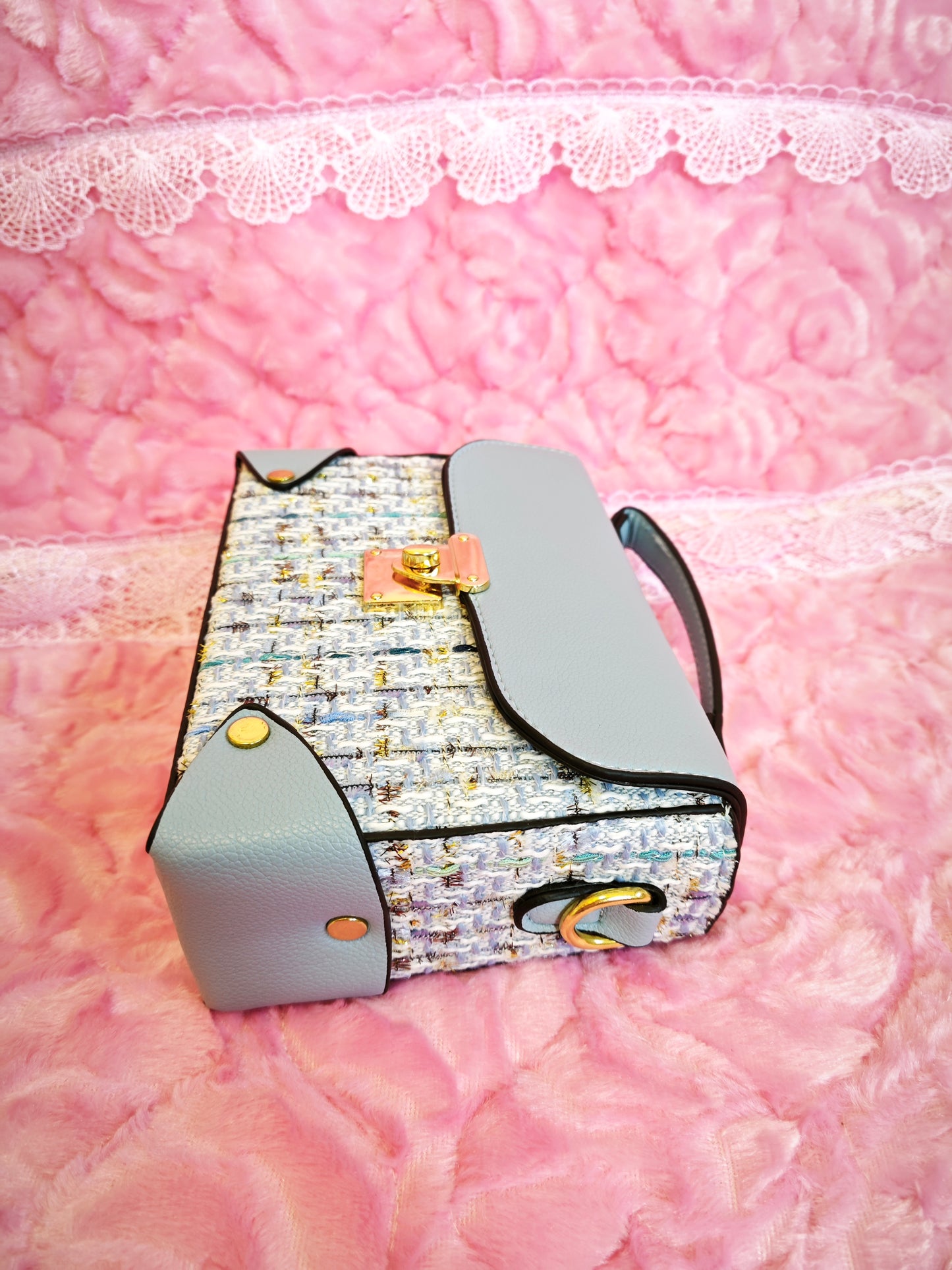 Light Blue & Tweed Handbag with Metal Lock & Wide Strap