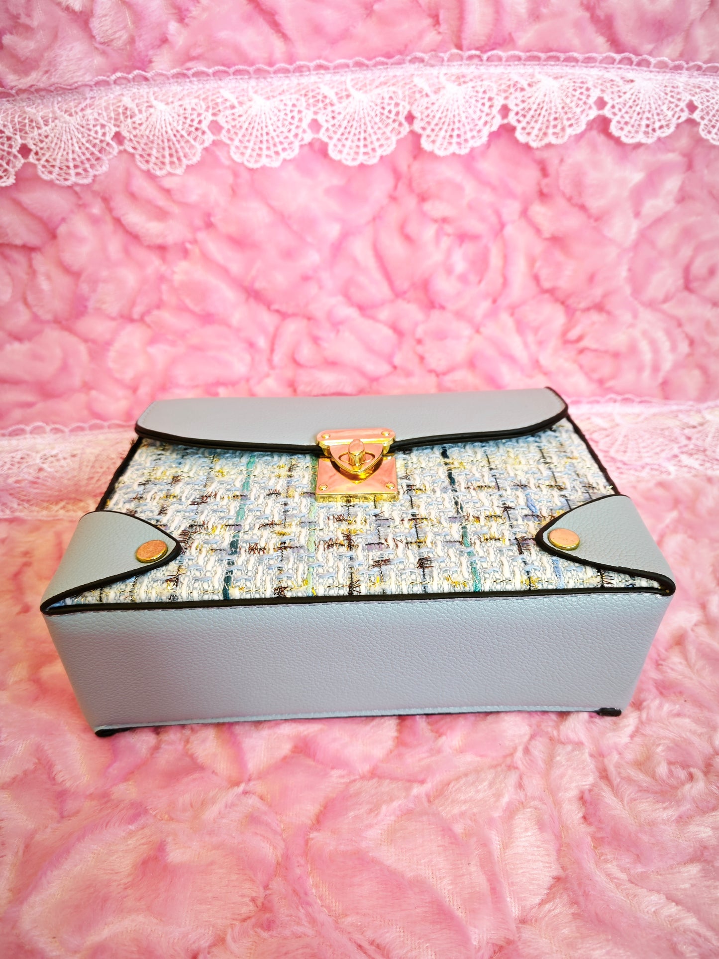 Light Blue & Tweed Handbag with Metal Lock & Wide Strap