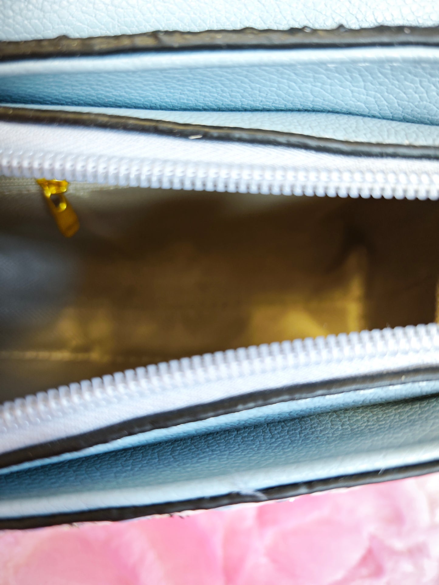 Light Blue & Tweed Handbag with Metal Lock & Wide Strap