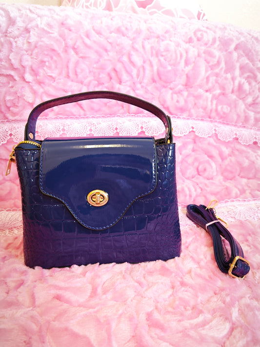 Deep Purple Patent Crocodile-Print Handbag with Metal Round Buckle