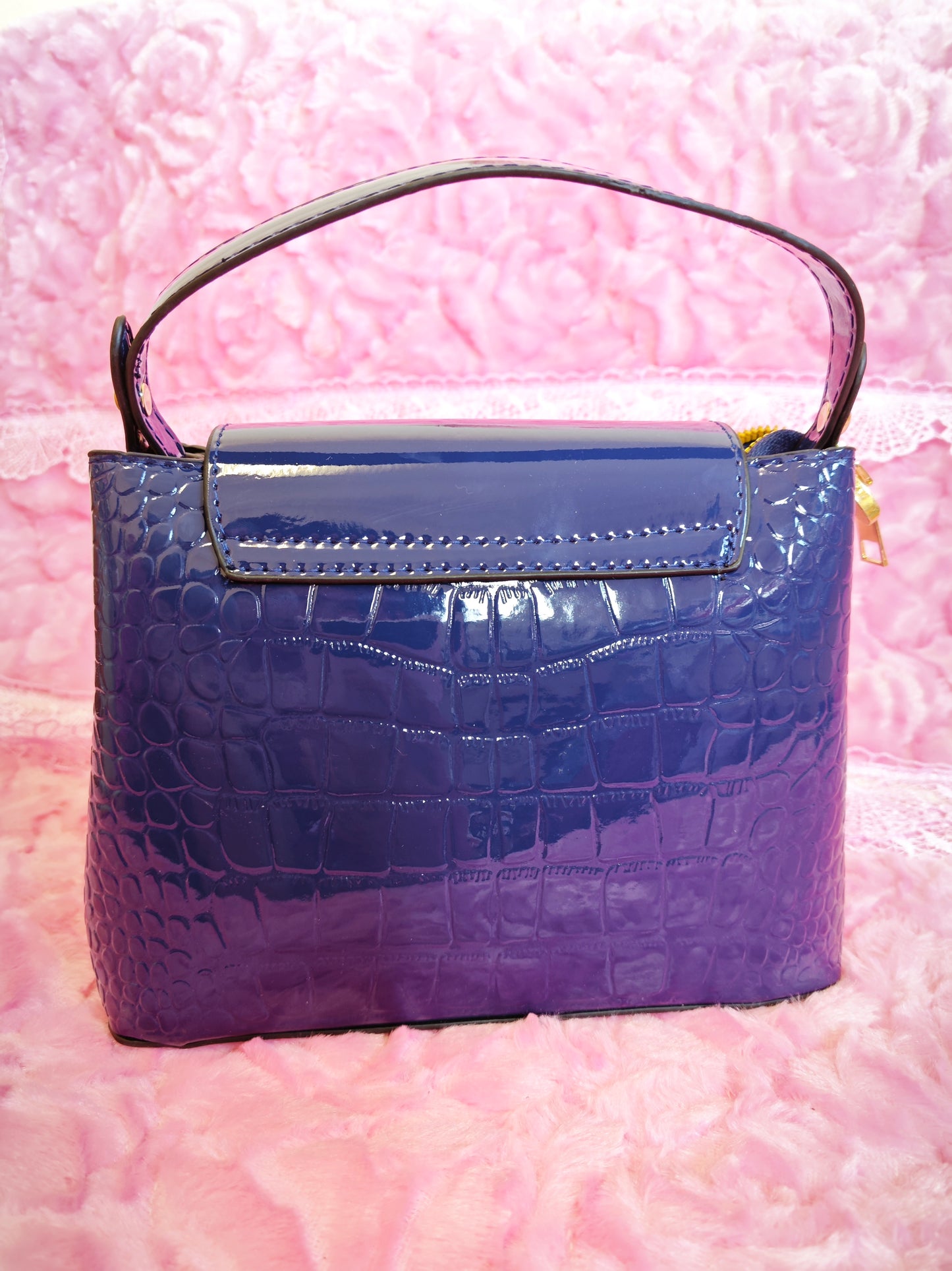 Deep Purple Patent Crocodile-Print Handbag with Metal Round Buckle