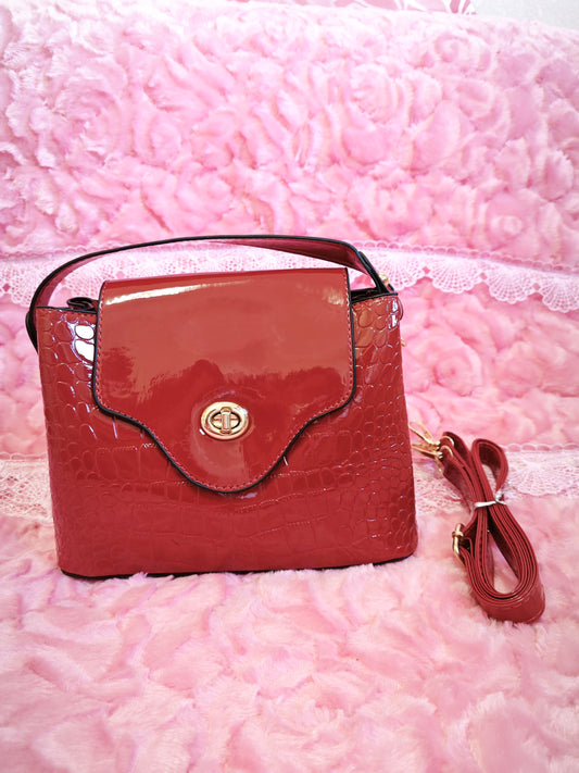 Burgundy Patent Crocodile-Print Handbag with Metal Round Buckle