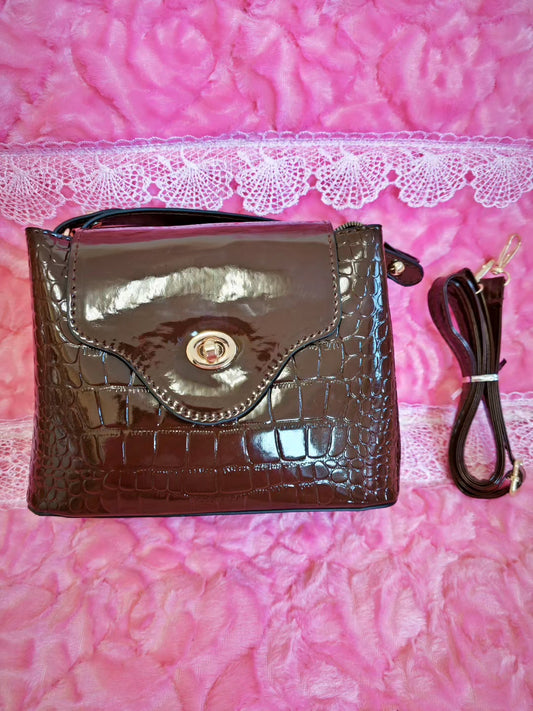 Dark Brown Patent Crocodile-Print Handbag with Metal Round Buckle