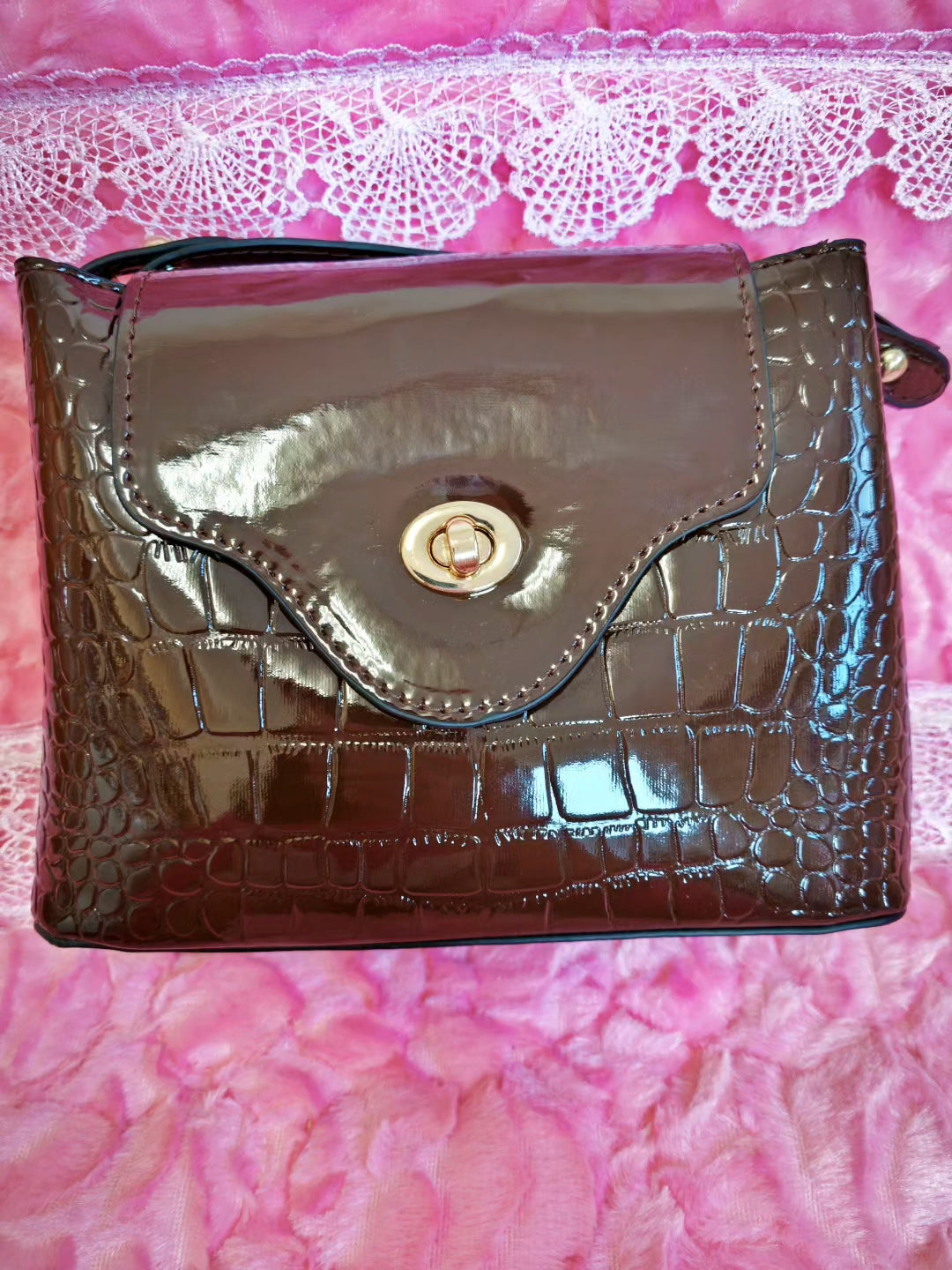 Dark Brown Patent Crocodile-Print Handbag with Metal Round Buckle