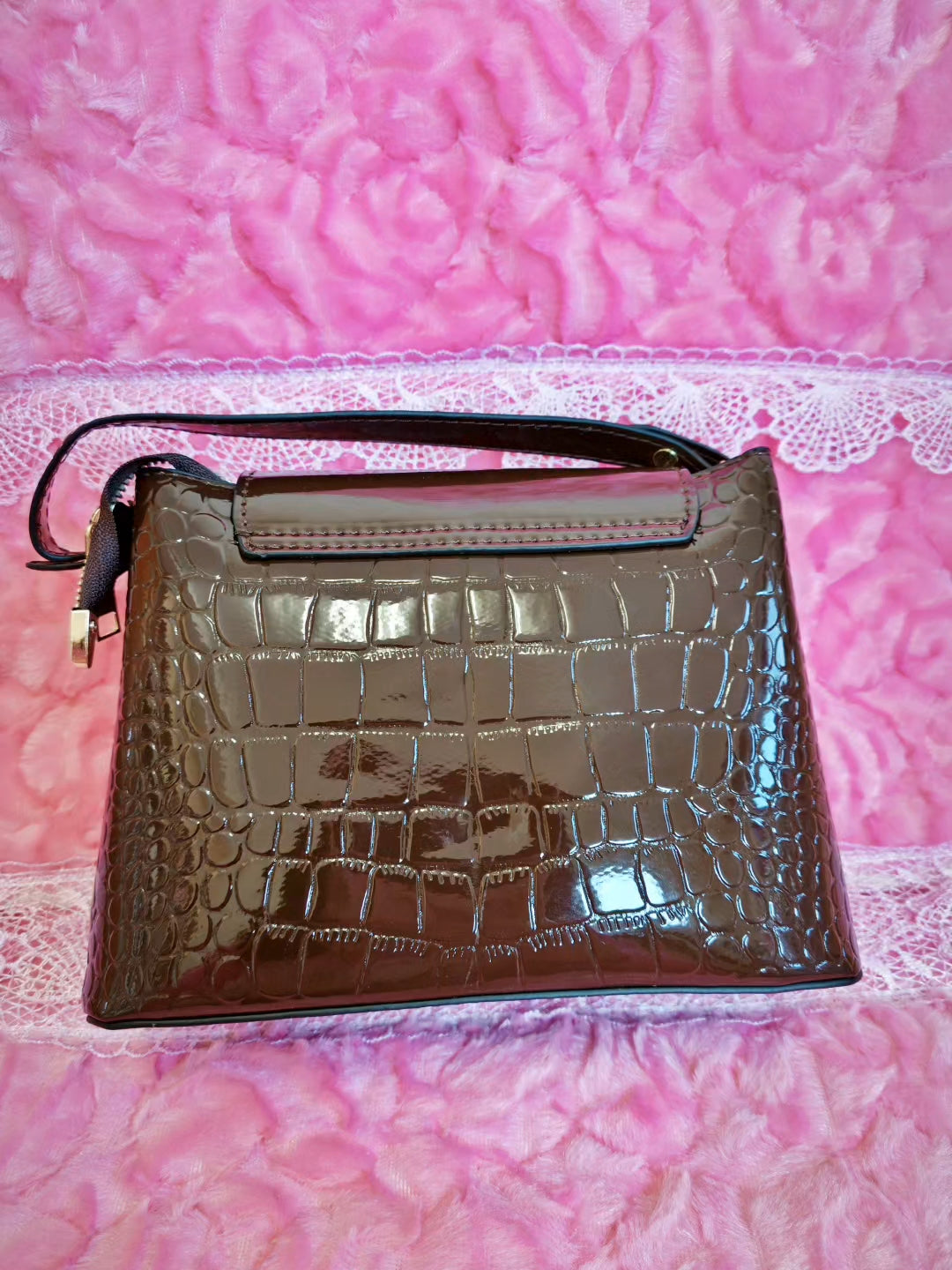 Dark Brown Patent Crocodile-Print Handbag with Metal Round Buckle