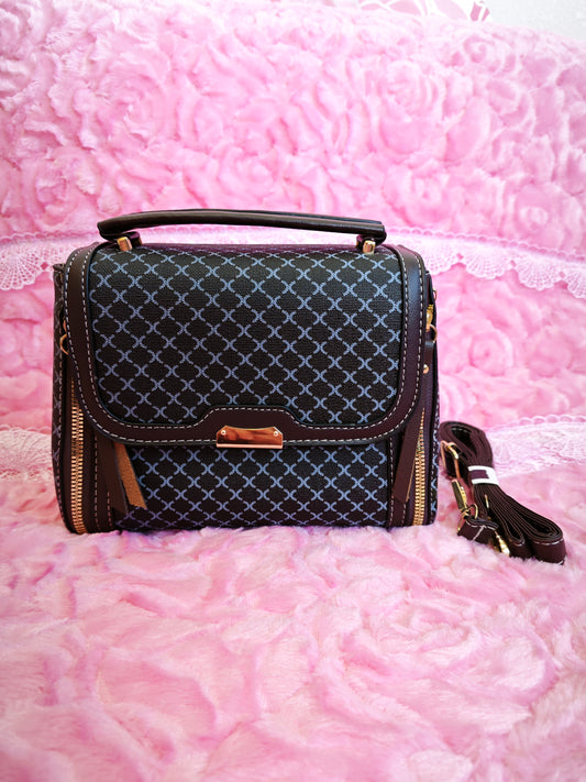 Black-Blue Checkered & Brown Trim Handbag with Metal Buckle