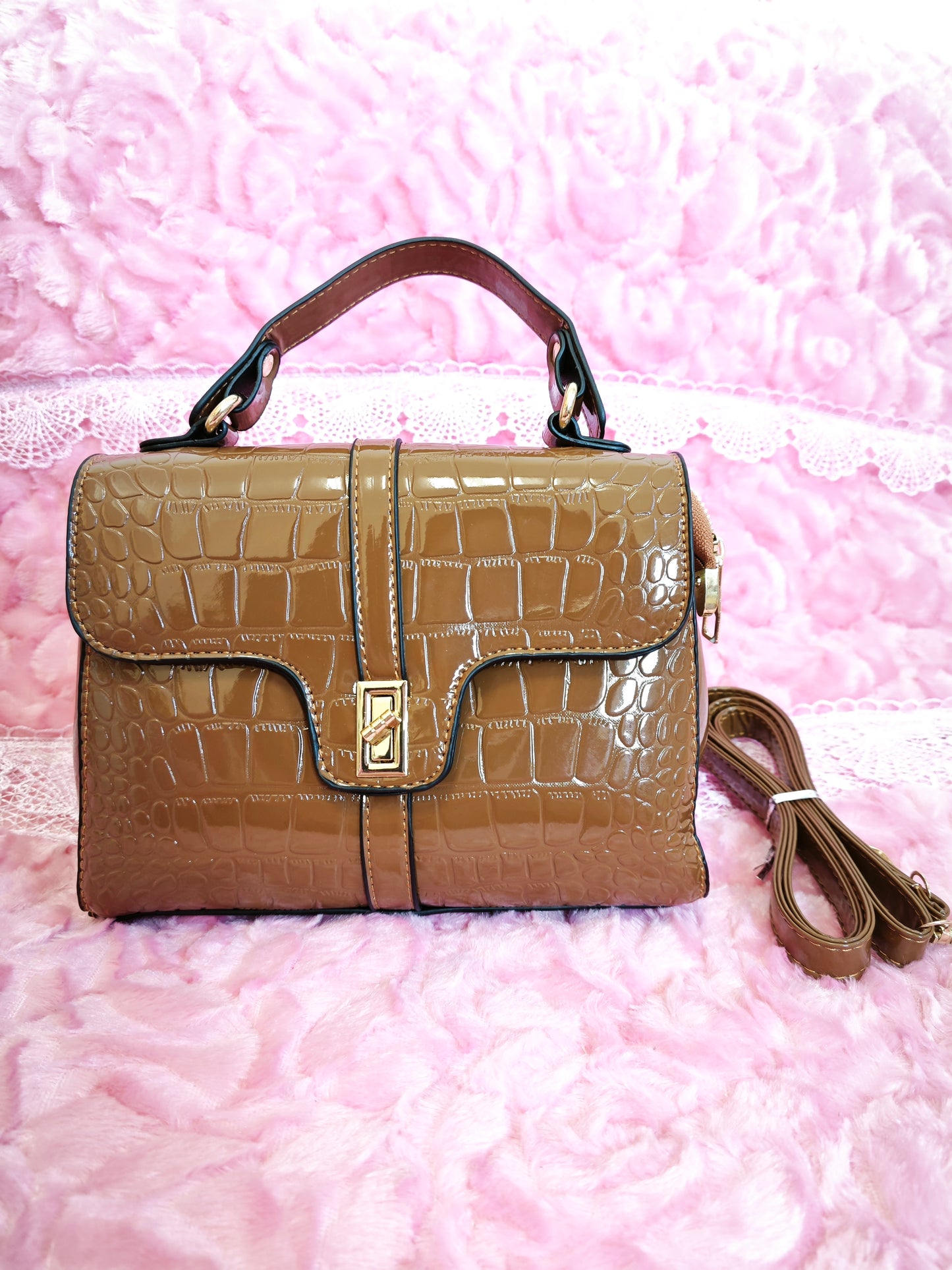 Light Brown Patent Crocodile-Print Handbag with Metal Lock
