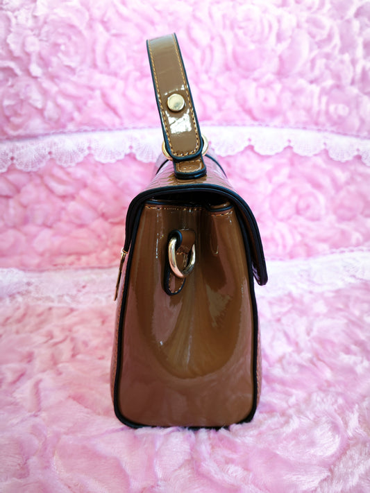 Light Brown Patent Crocodile-Print Handbag with Metal Lock