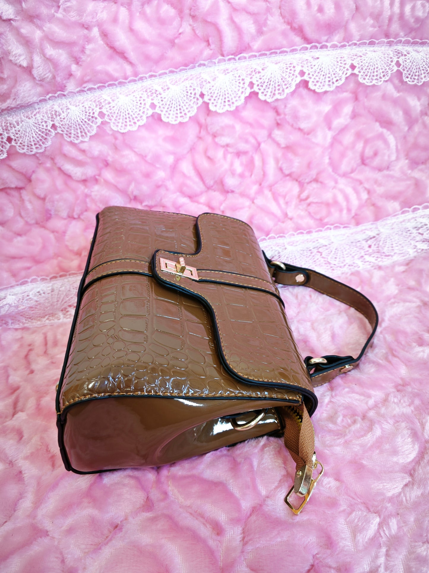 Light Brown Patent Crocodile-Print Handbag with Metal Lock