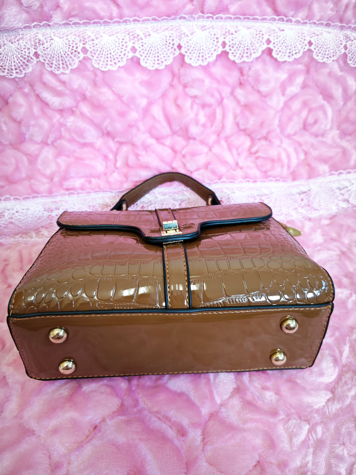 Light Brown Patent Crocodile-Print Handbag with Metal Lock