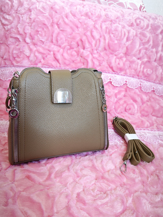 Light Brown Leather Handbag with Metal Buckle