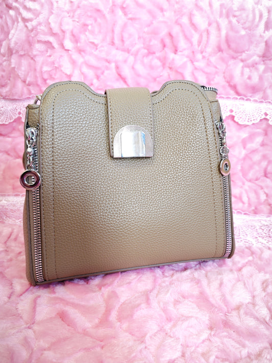 Light Brown Leather Handbag with Metal Buckle