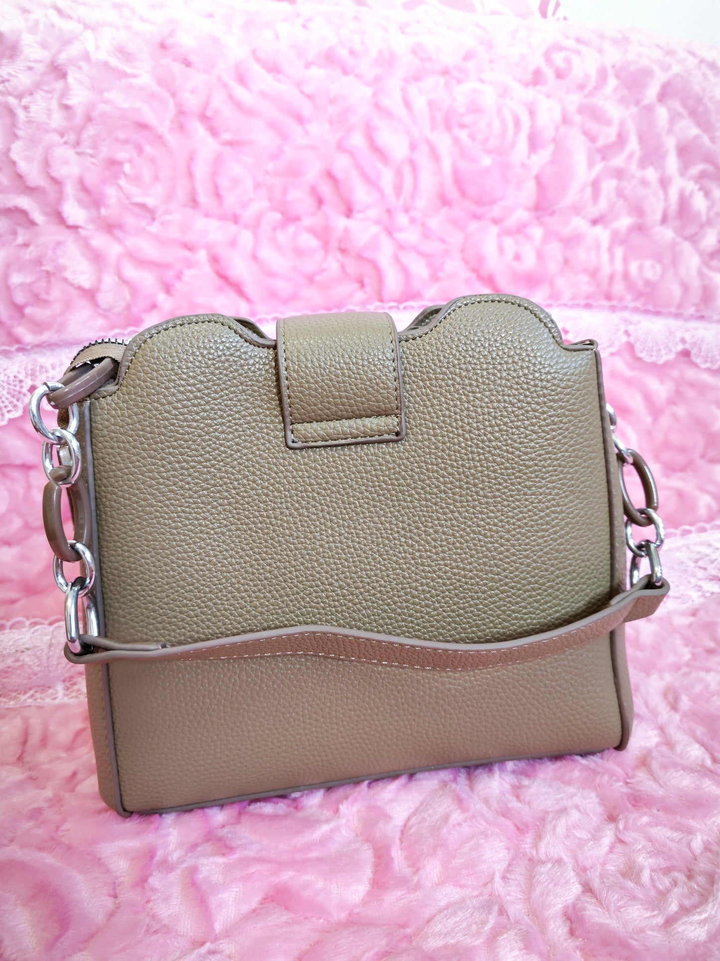 Light Brown Leather Handbag with Metal Buckle