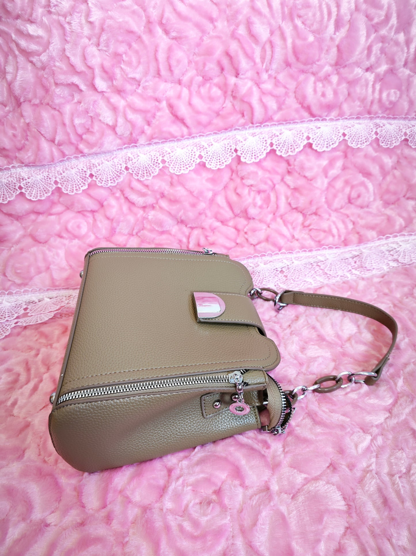 Light Brown Leather Handbag with Metal Buckle
