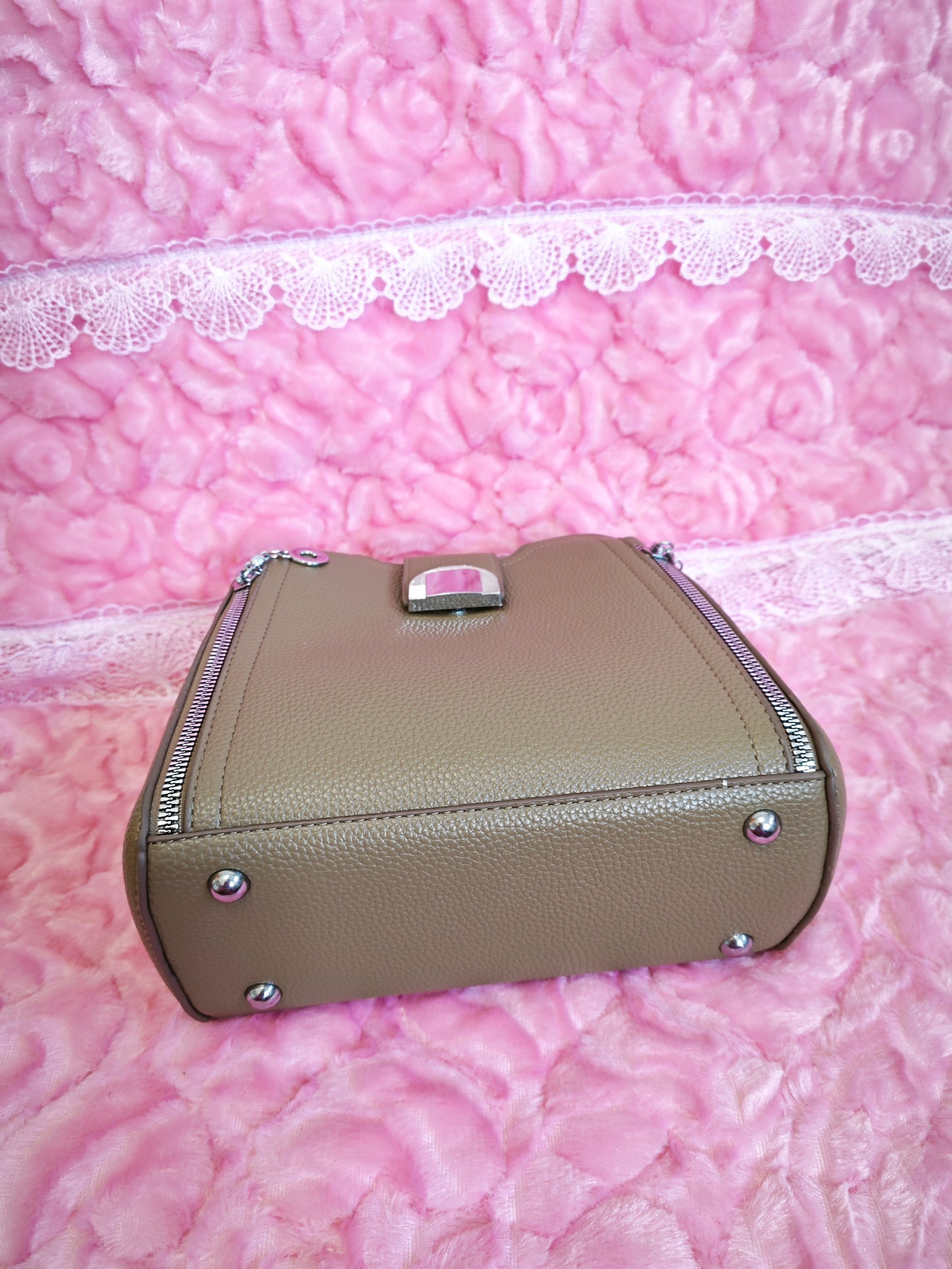 Light Brown Leather Handbag with Metal Buckle