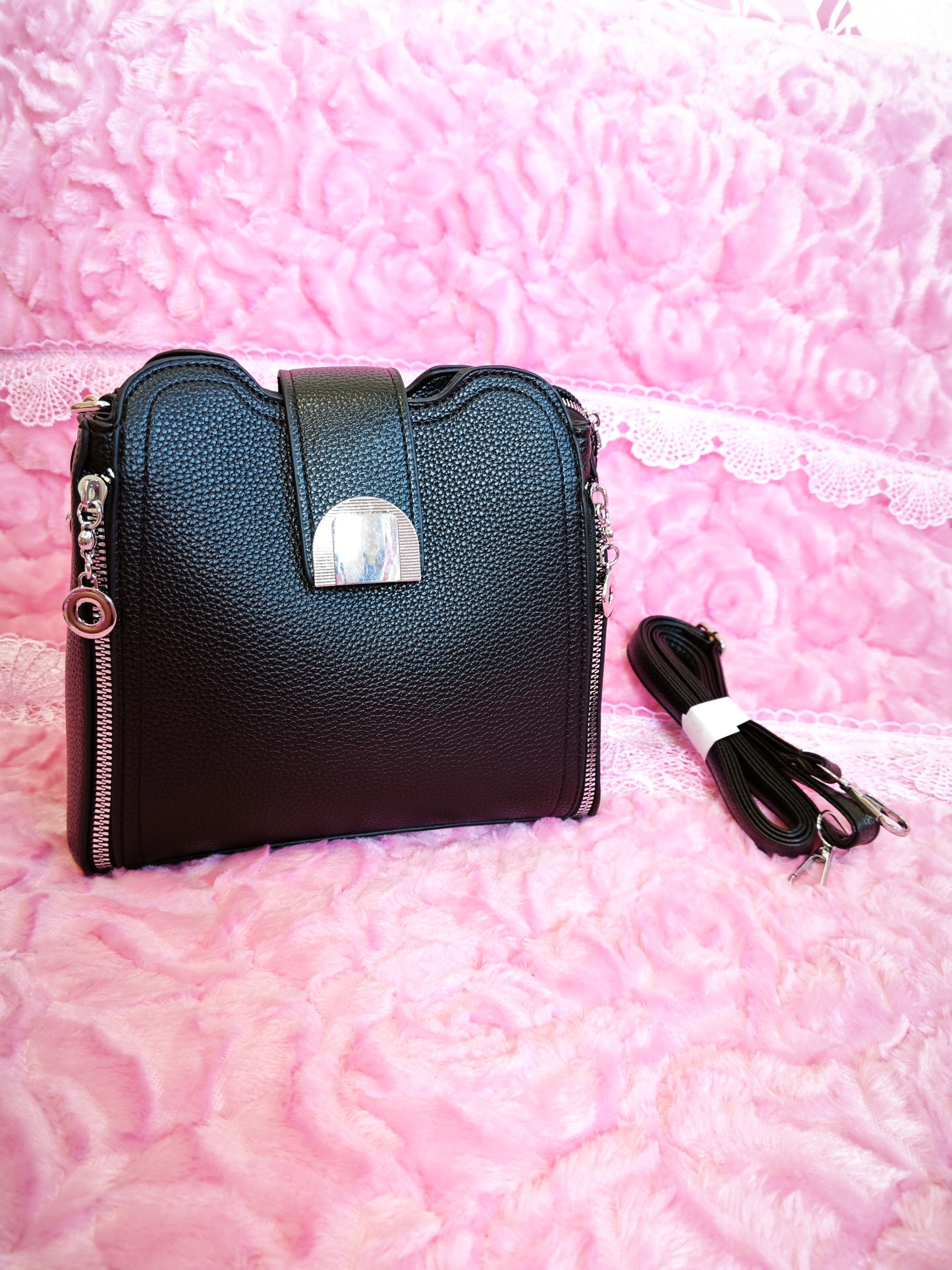 Black Leather Handbag with Metal Buckle