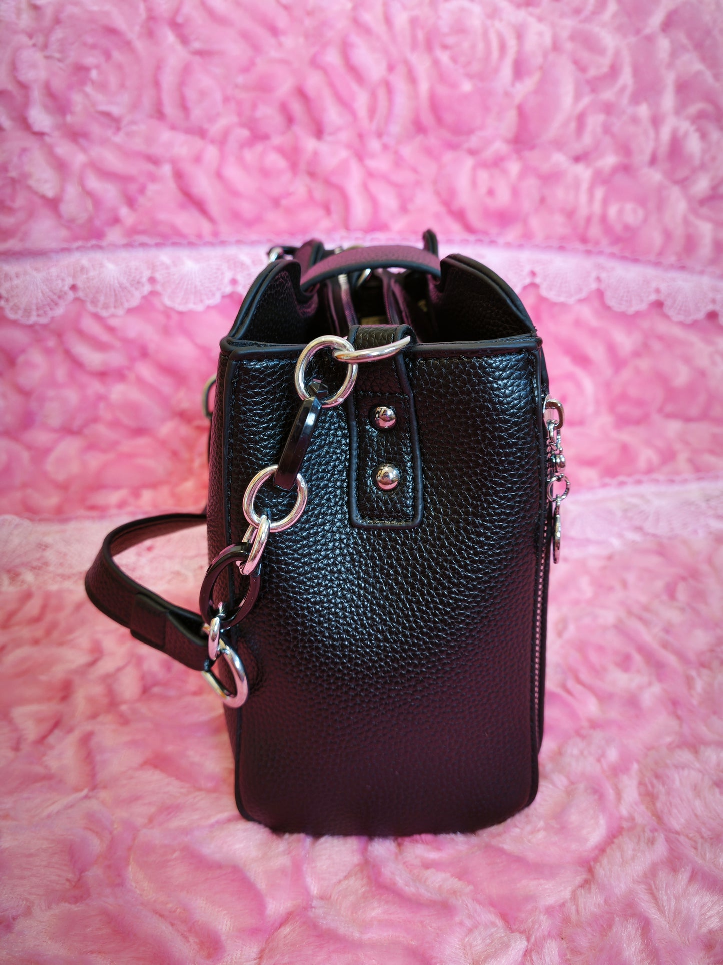 Black Leather Handbag with Metal Buckle