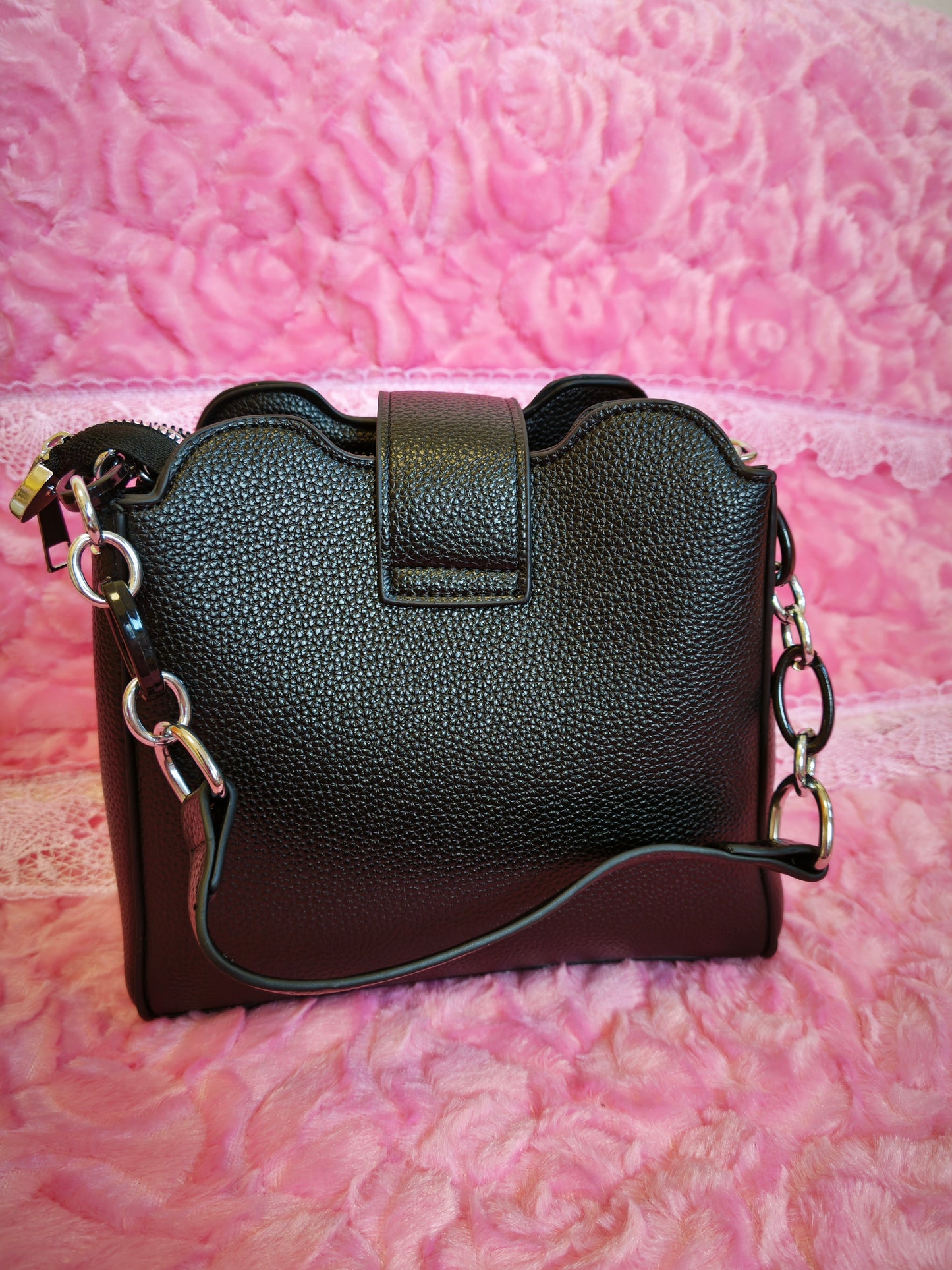 Black Leather Handbag with Metal Buckle