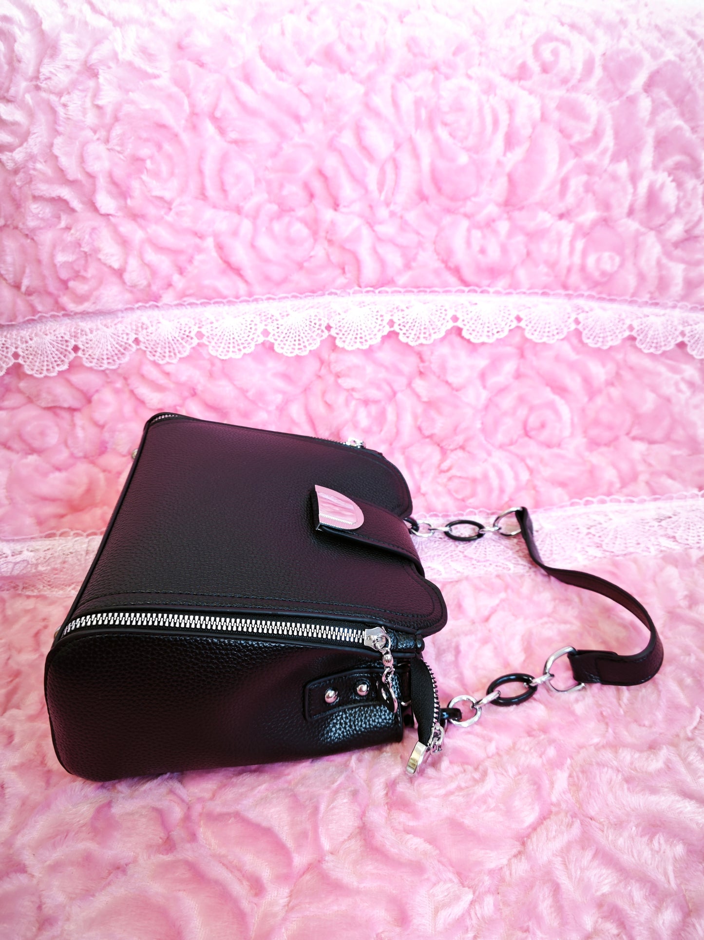 Black Leather Handbag with Metal Buckle