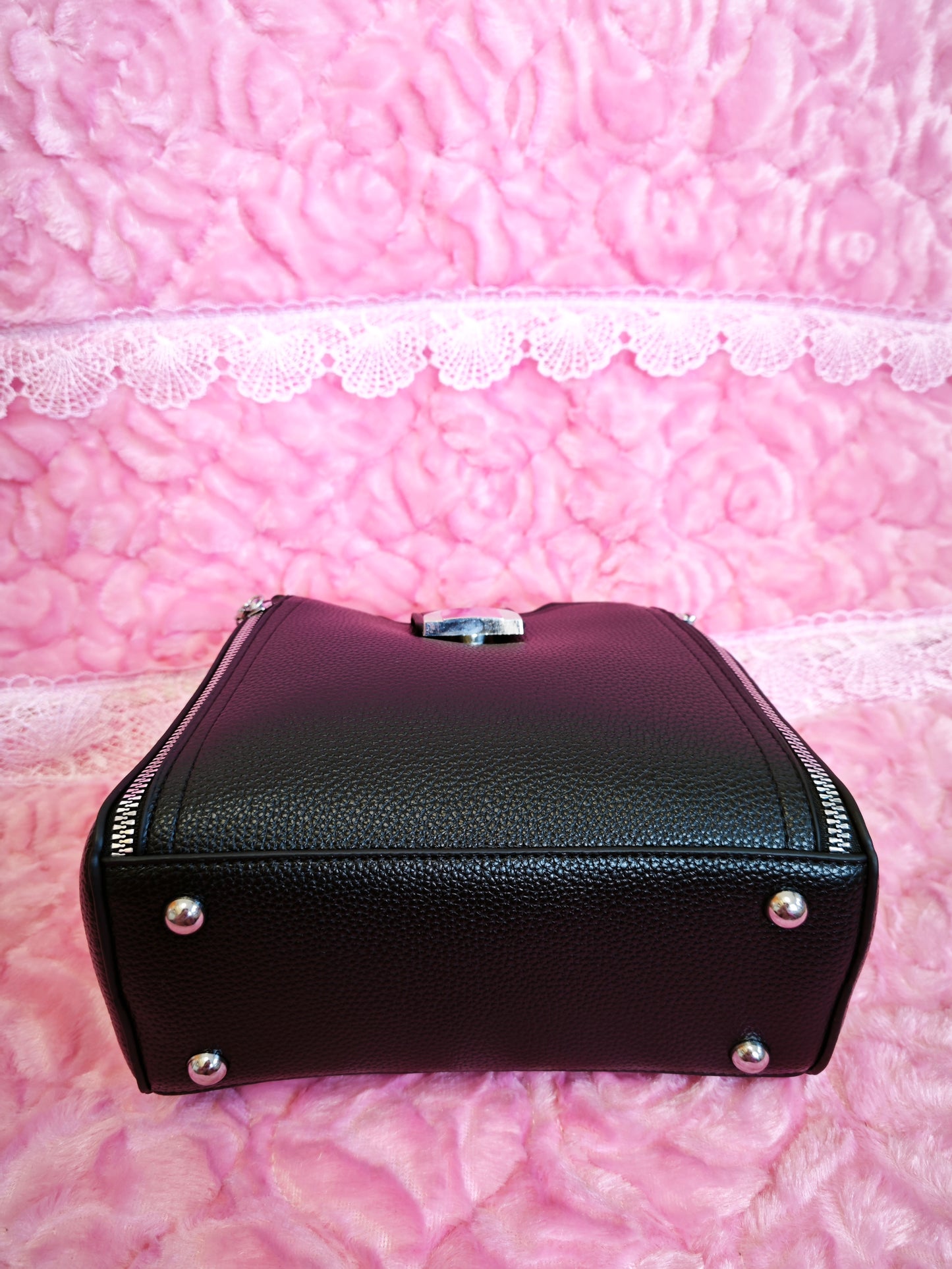 Black Leather Handbag with Metal Buckle
