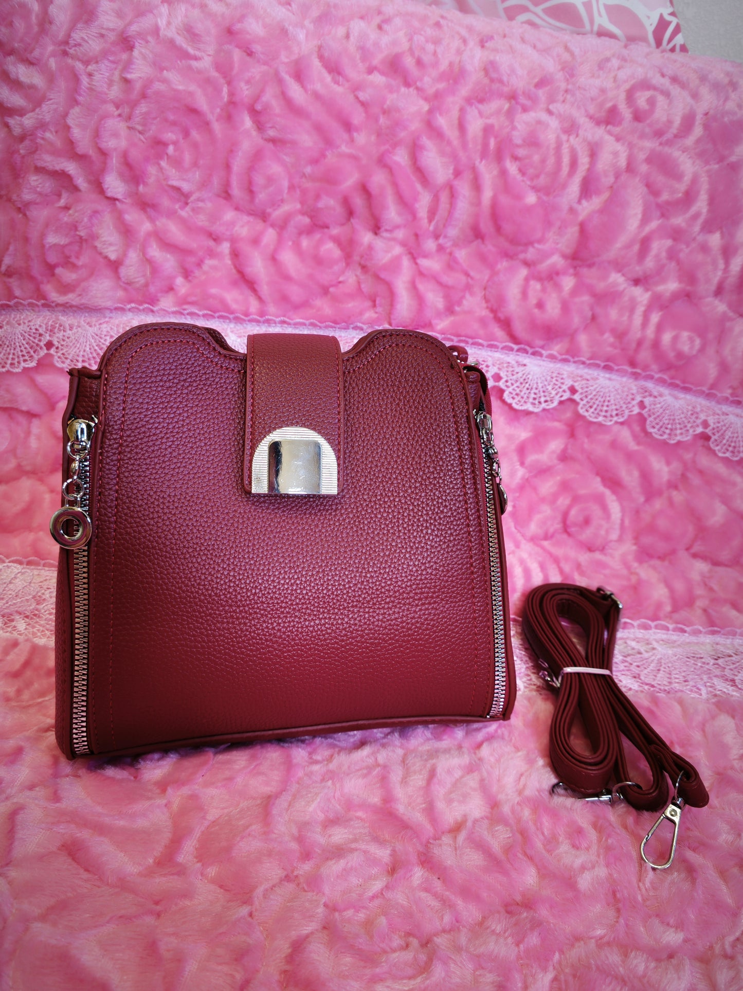 Burgundy Leather Handbag with Metal Buckle