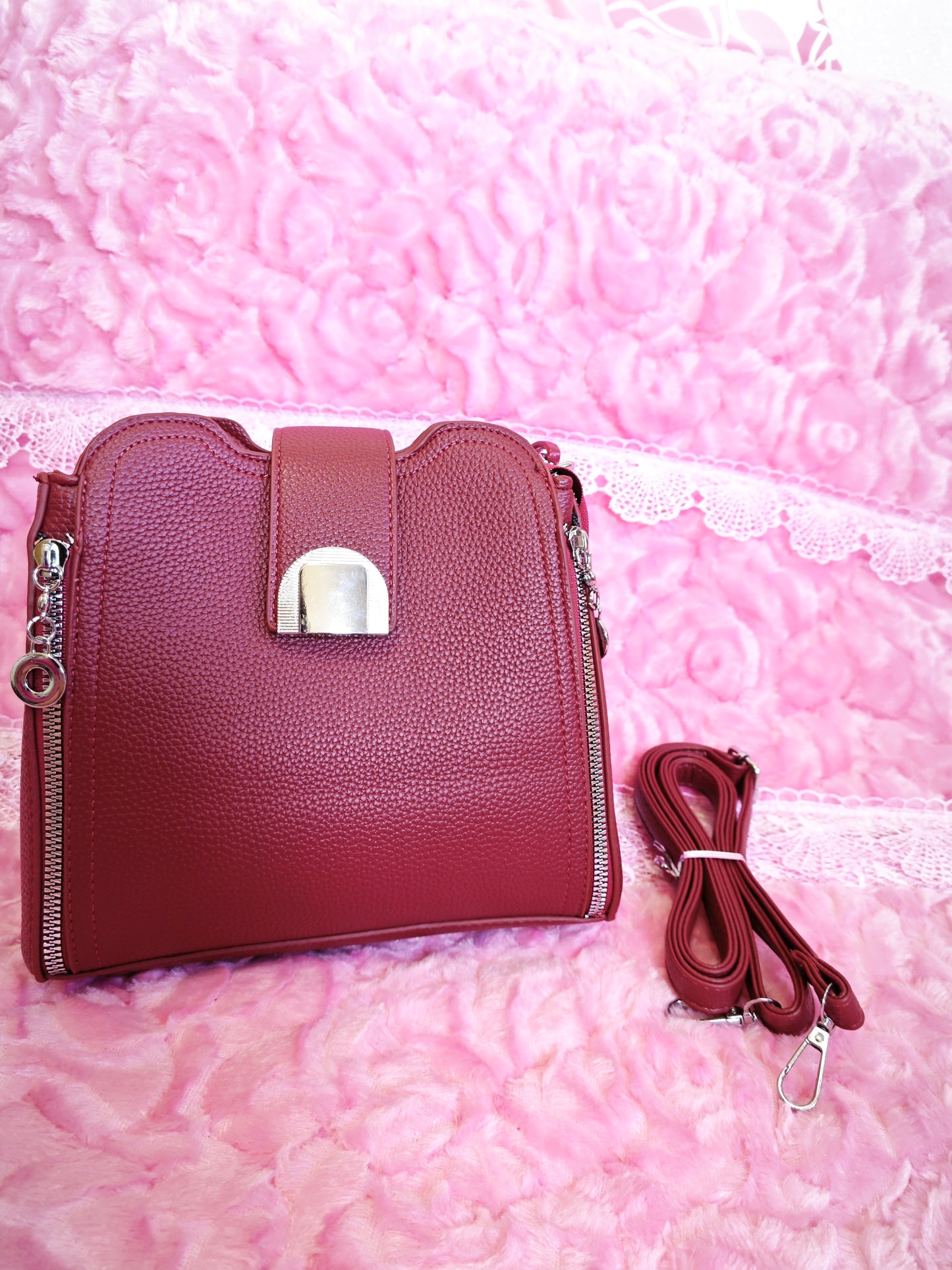 Burgundy Leather Handbag with Metal Buckle