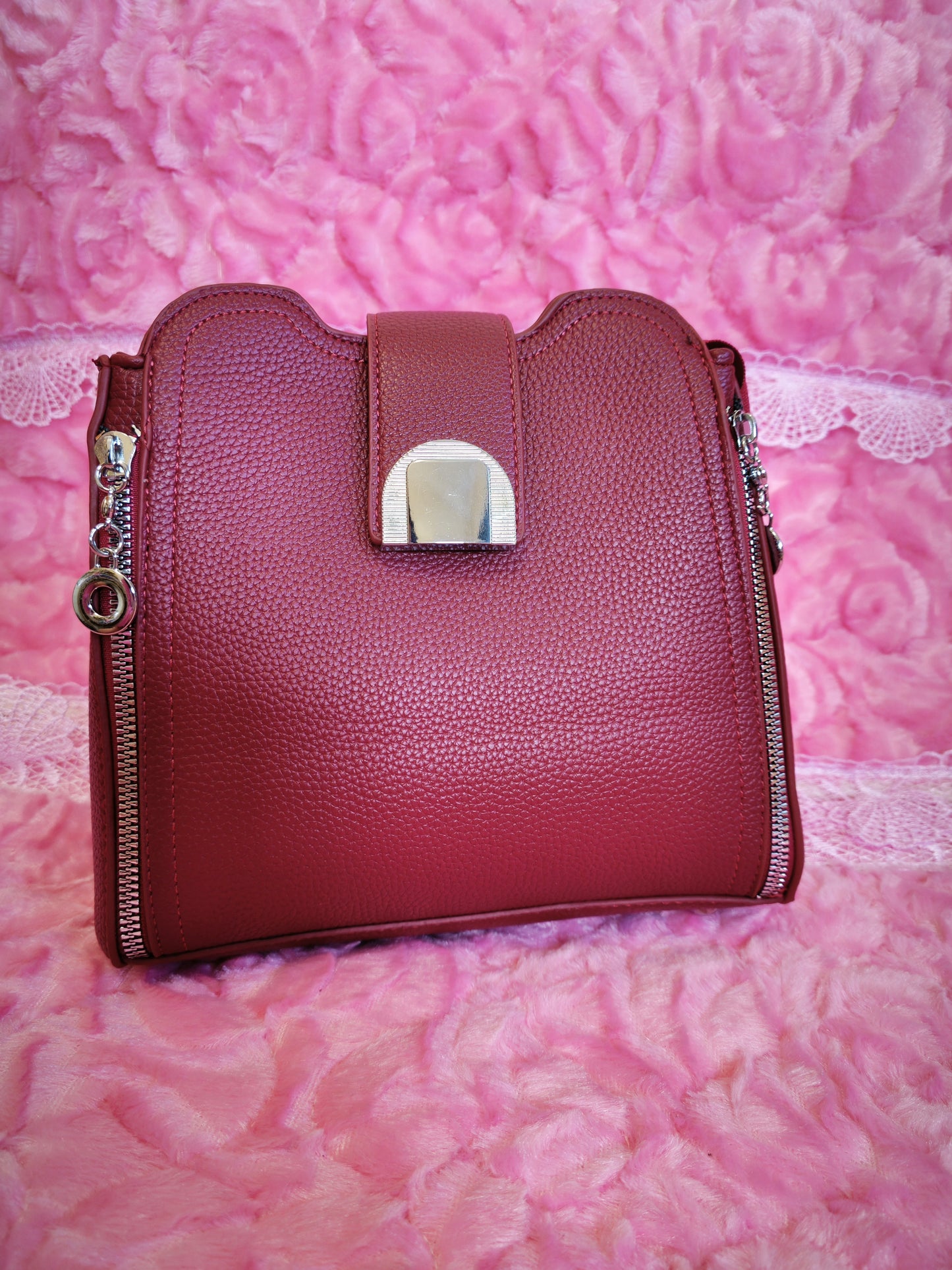 Burgundy Leather Handbag with Metal Buckle