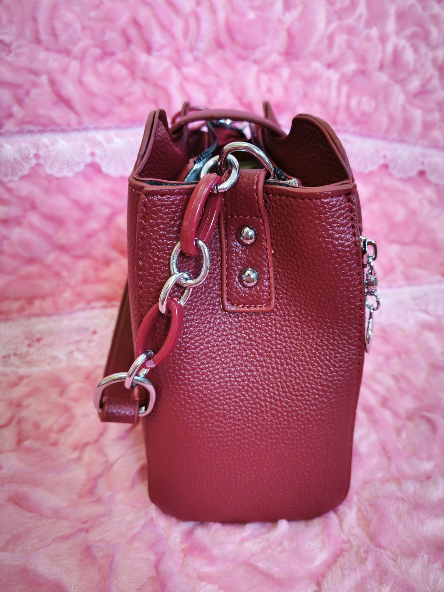 Burgundy Leather Handbag with Metal Buckle