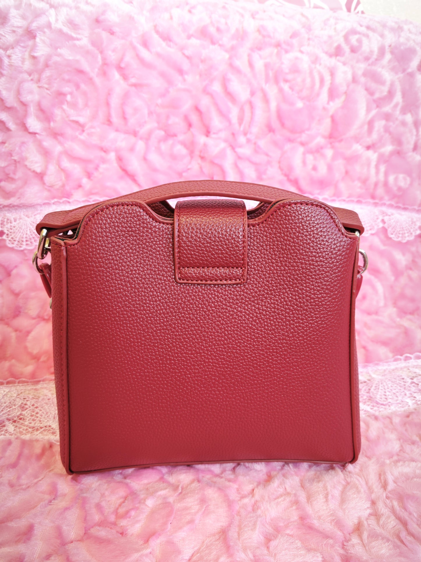 Burgundy Leather Handbag with Metal Buckle