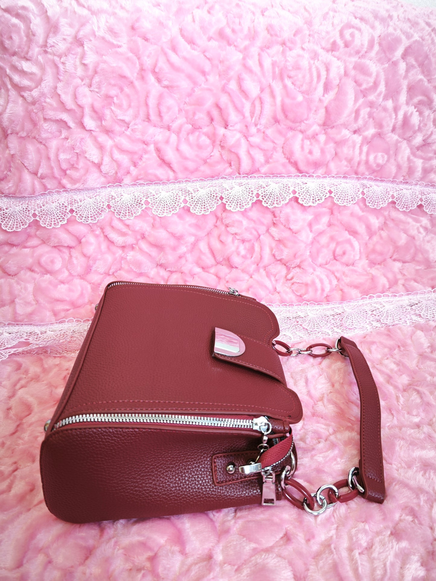Burgundy Leather Handbag with Metal Buckle