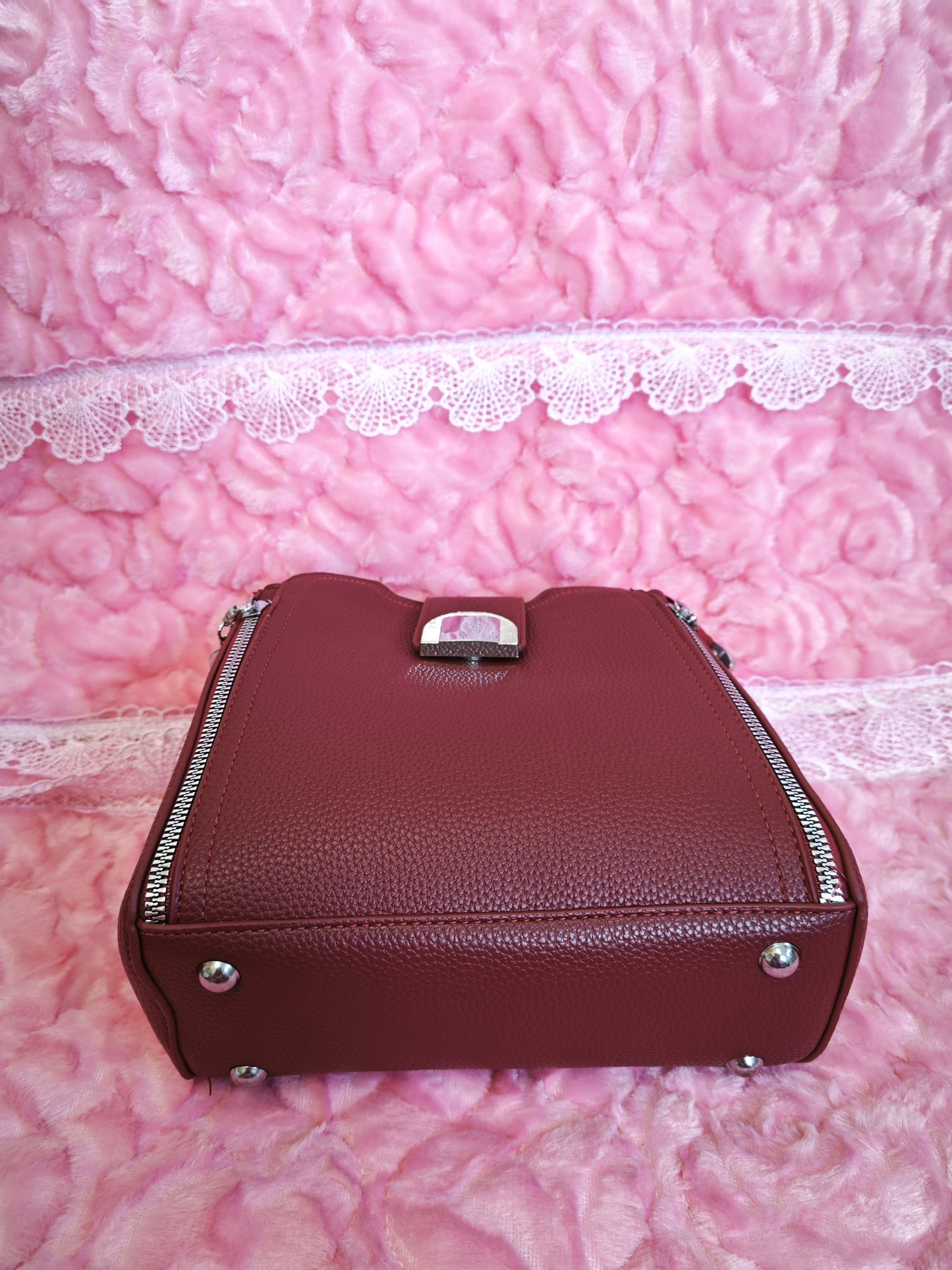 Burgundy Leather Handbag with Metal Buckle