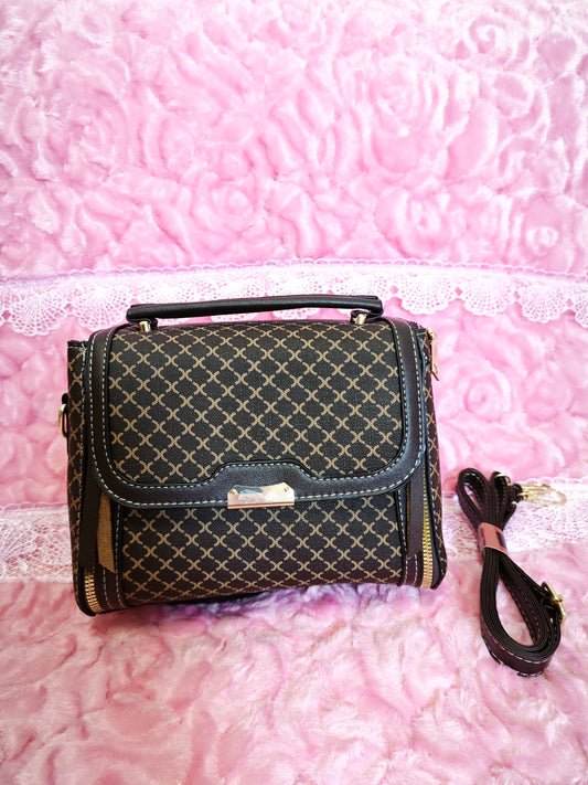 Brown-Black Checkered Handbag with Metal Buckle