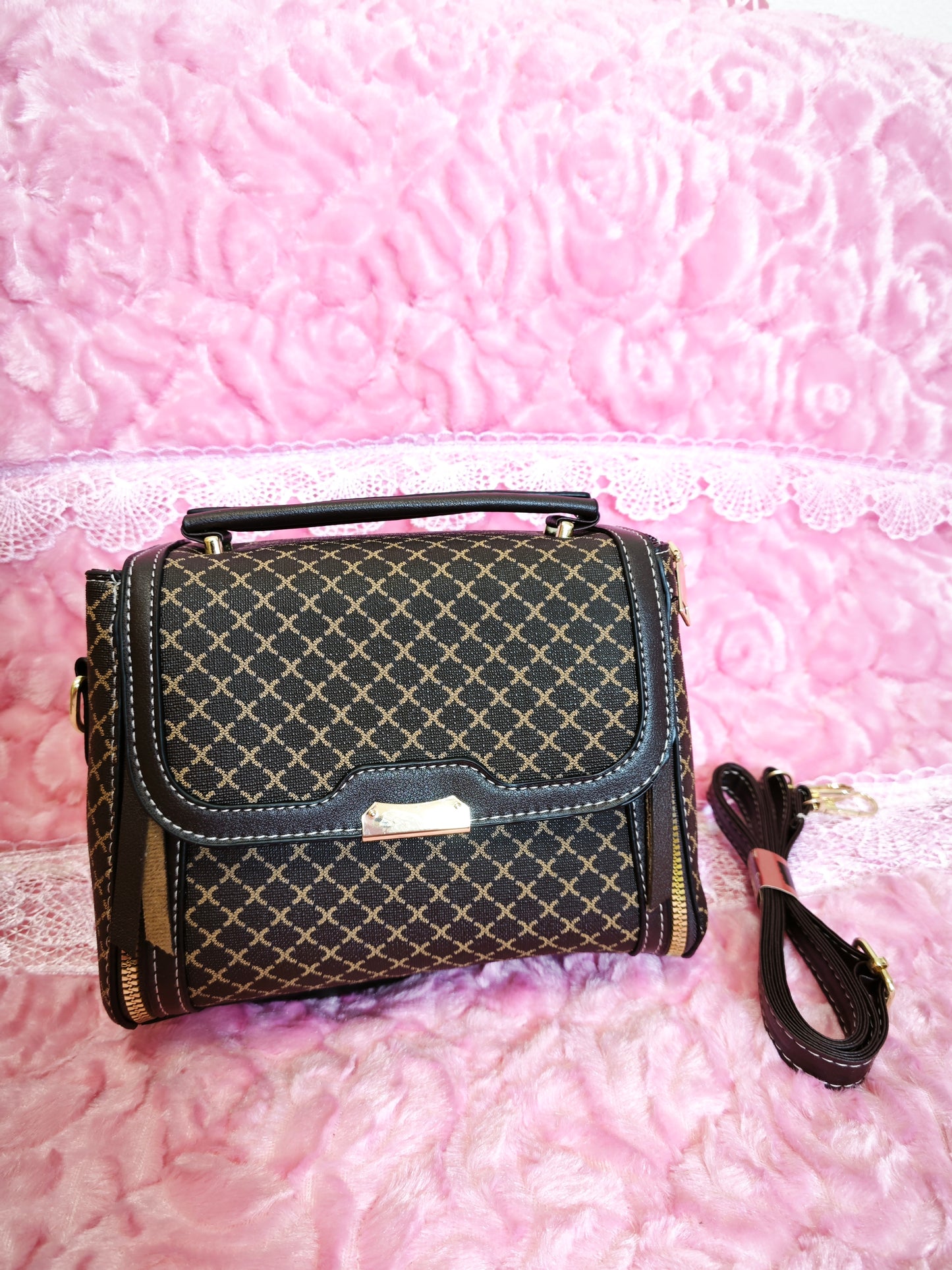 Brown-Black Checkered Handbag with Metal Buckle