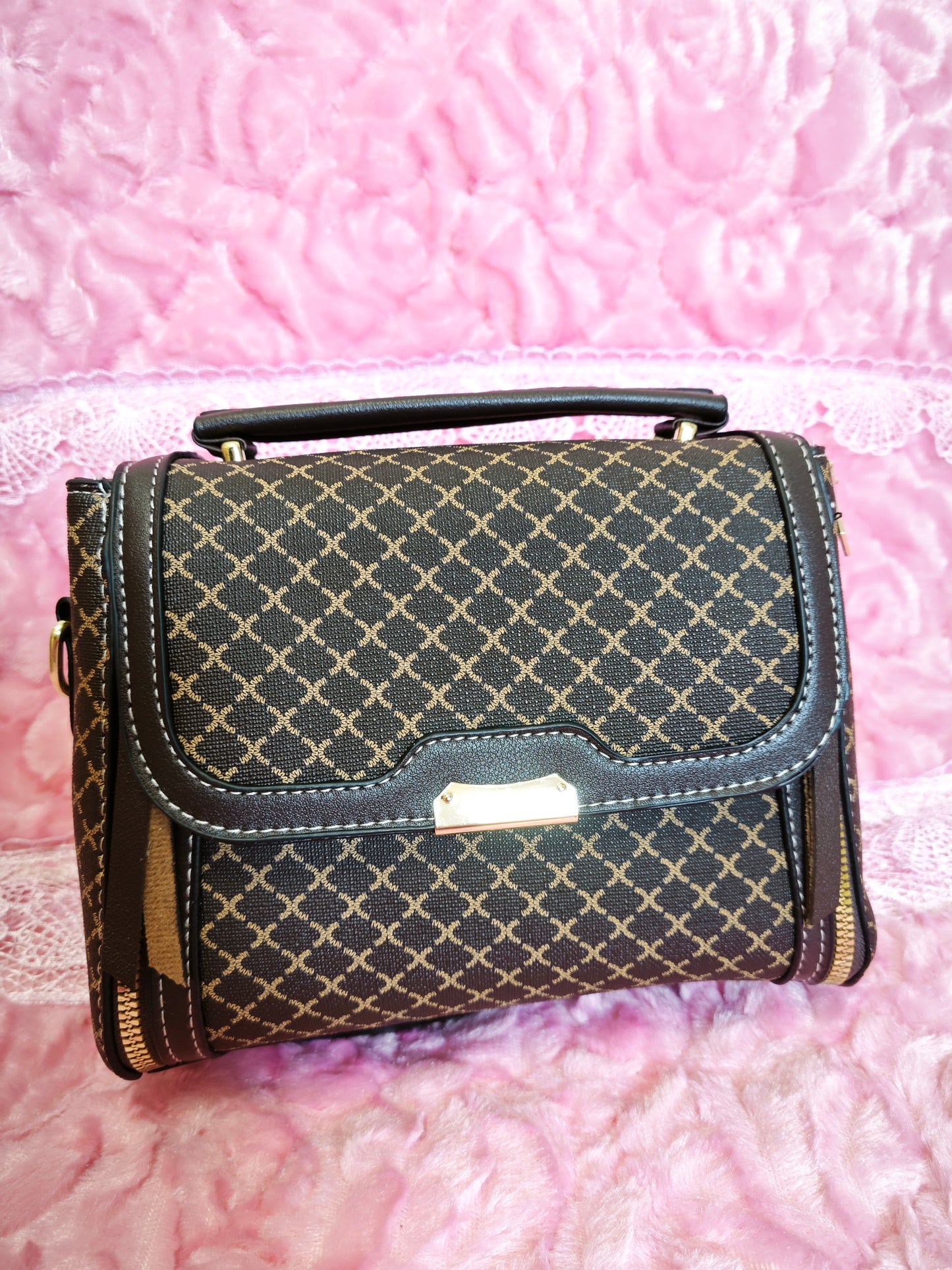 Brown-Black Checkered Handbag with Metal Buckle