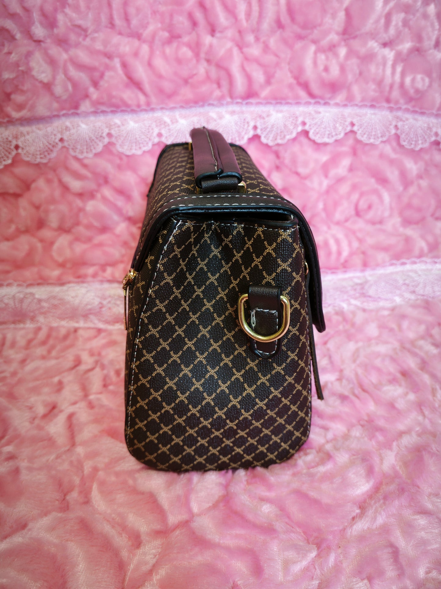 Brown-Black Checkered Handbag with Metal Buckle
