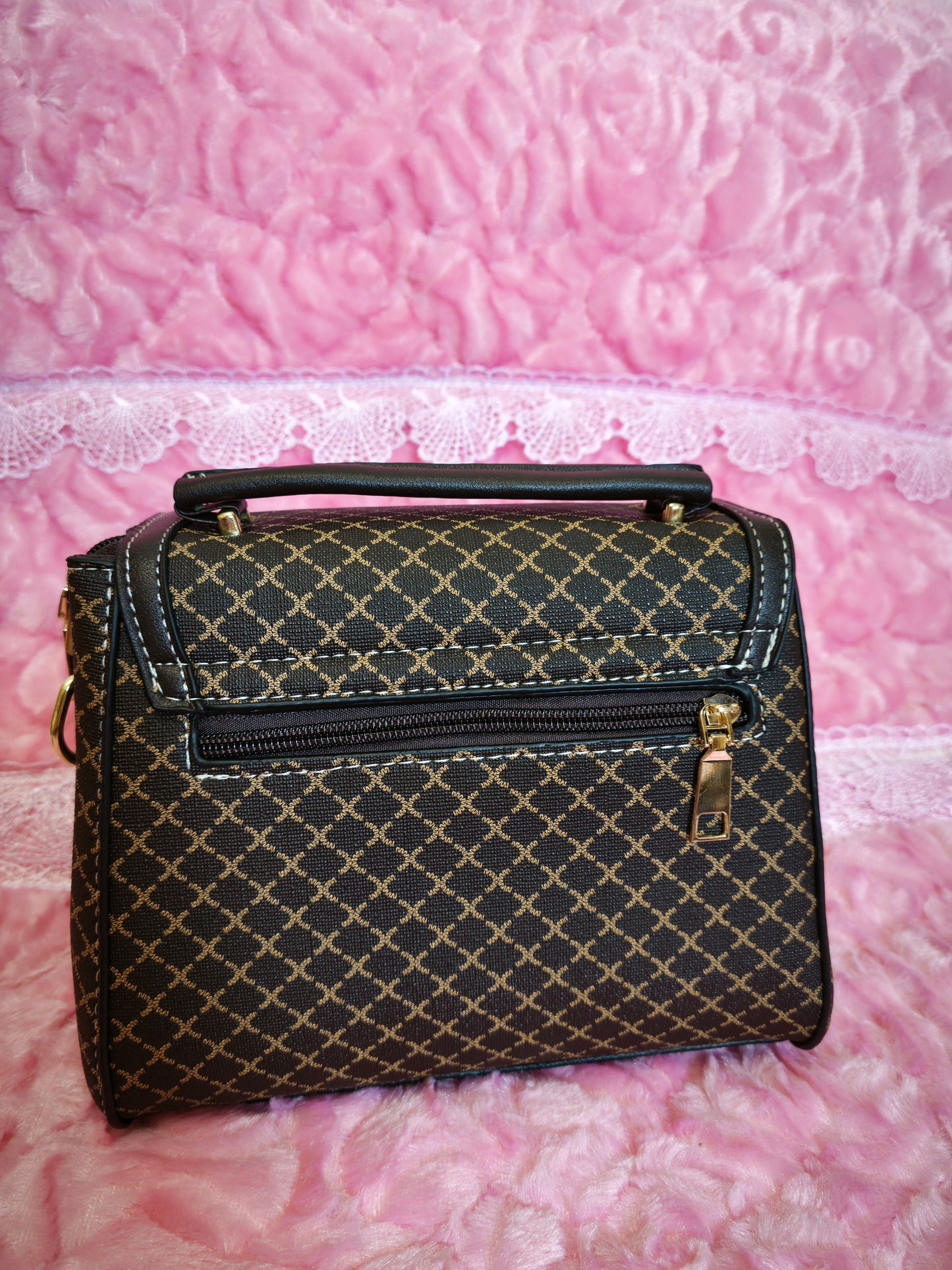 Brown-Black Checkered Handbag with Metal Buckle