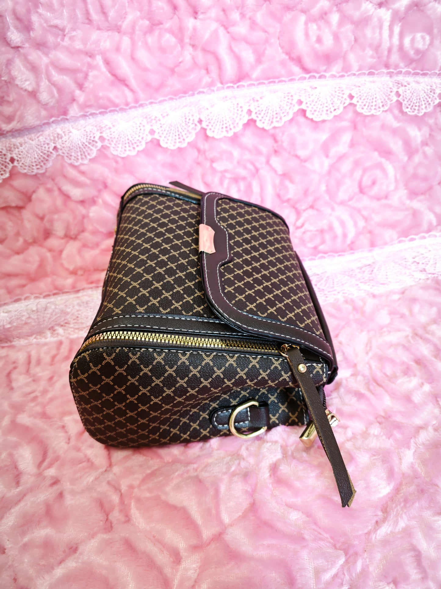 Brown-Black Checkered Handbag with Metal Buckle
