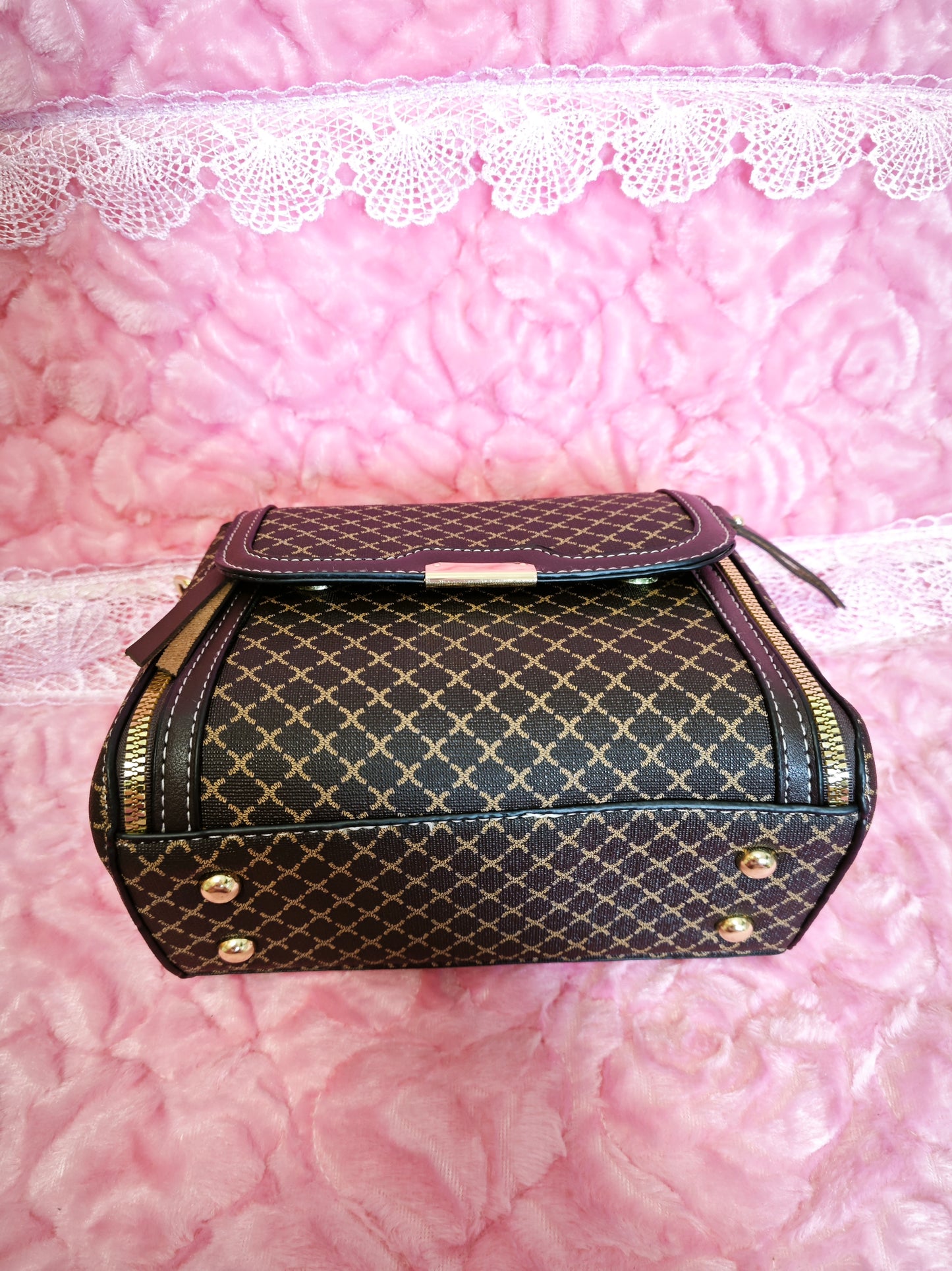 Brown-Black Checkered Handbag with Metal Buckle