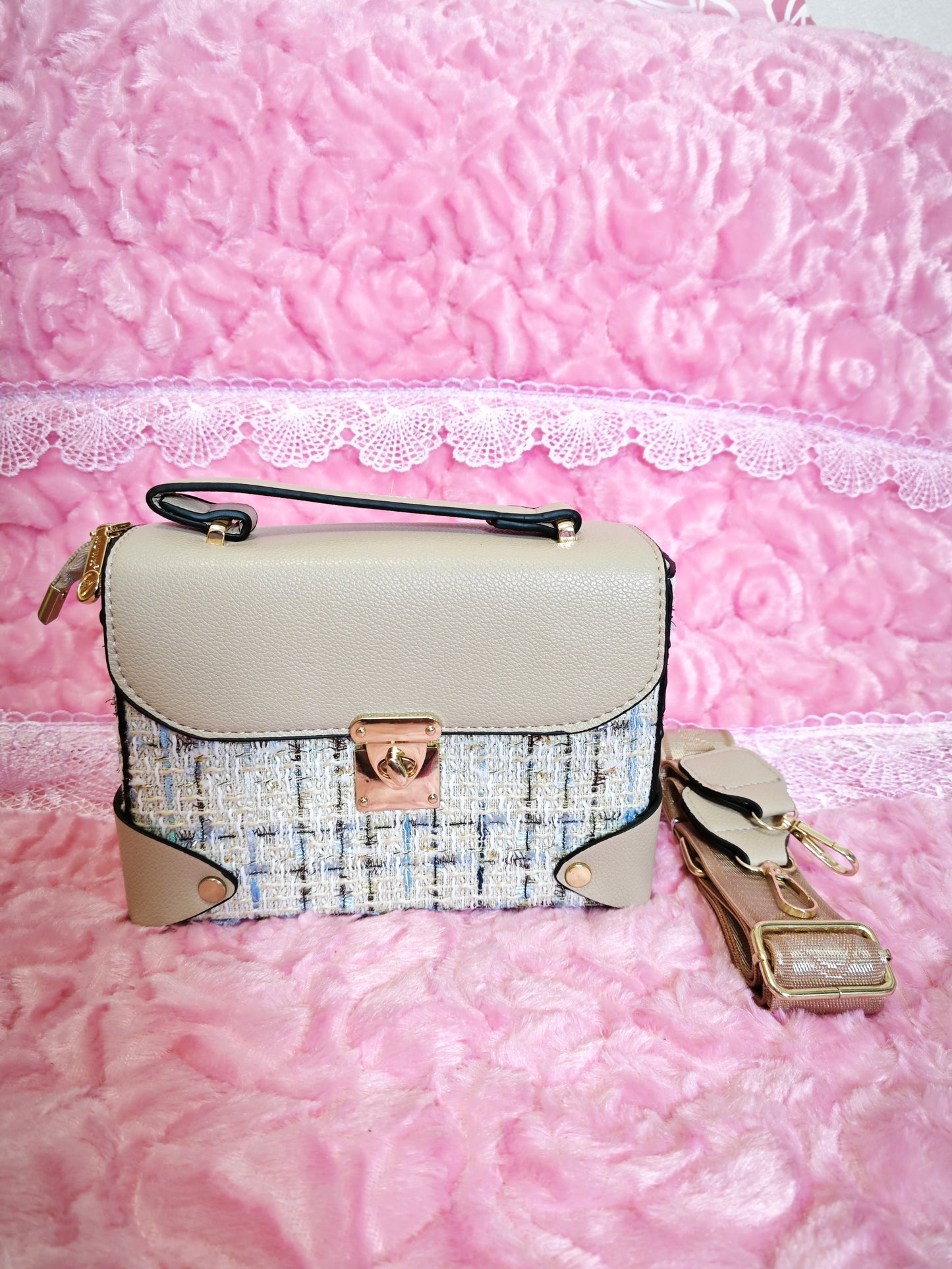 Khaki & Tweed Handbag with Metal Buckle