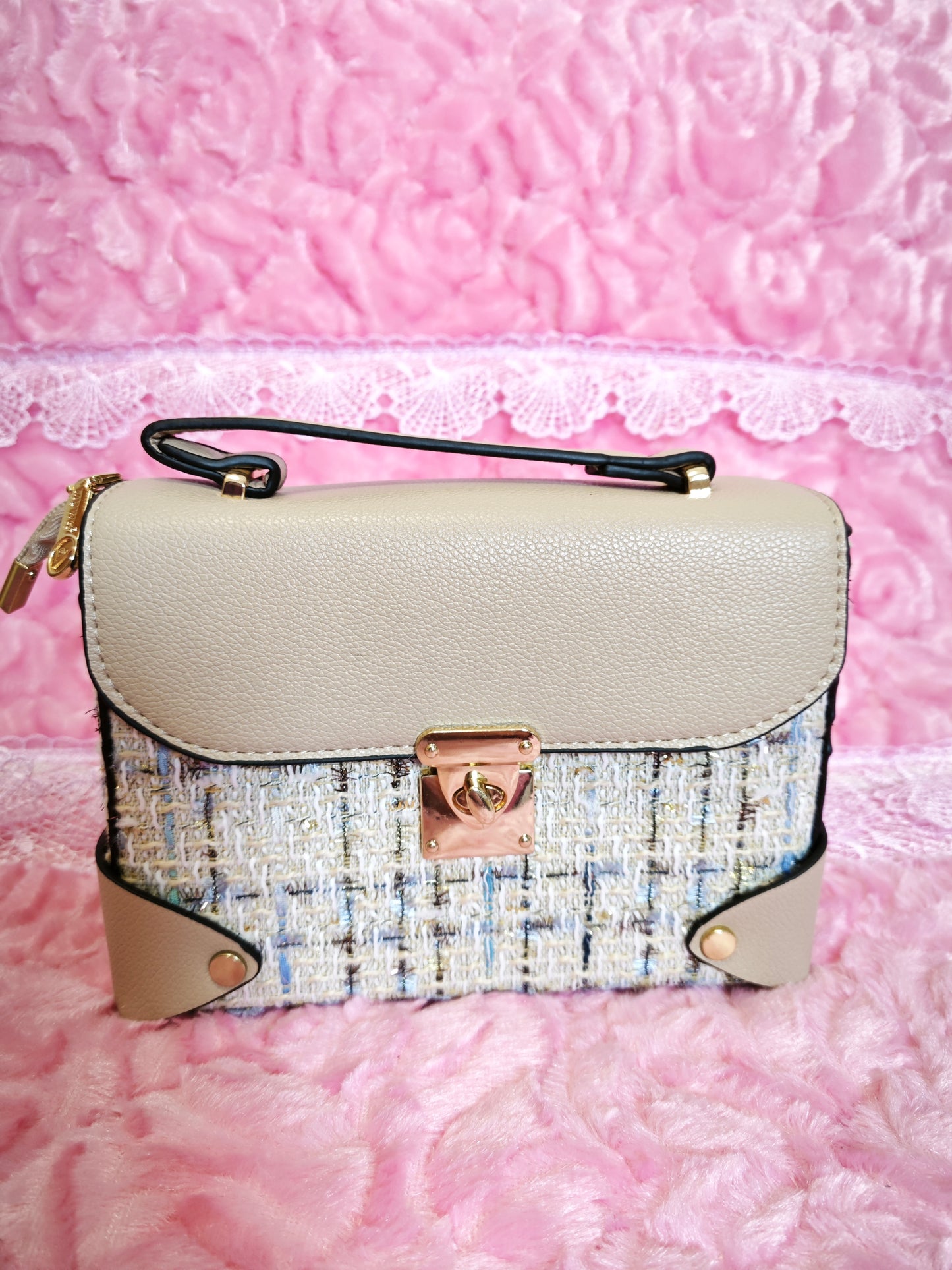 Khaki & Tweed Handbag with Metal Buckle